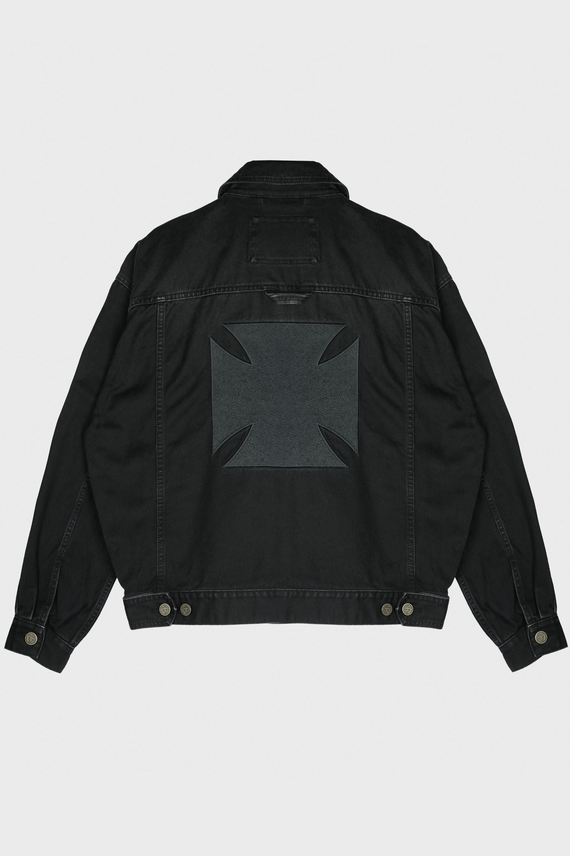 APLIQUE BIKER CROSSES ZIP DENIM JACKET BLACK