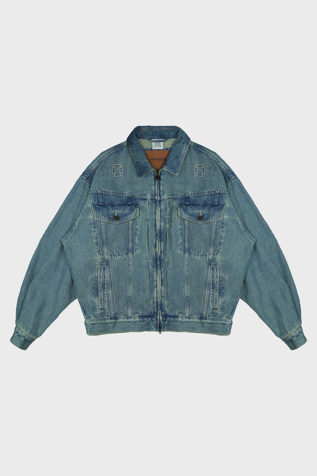 BIKER CROSSES ZIP DENIM JACKET VINTAGE MID BLUE