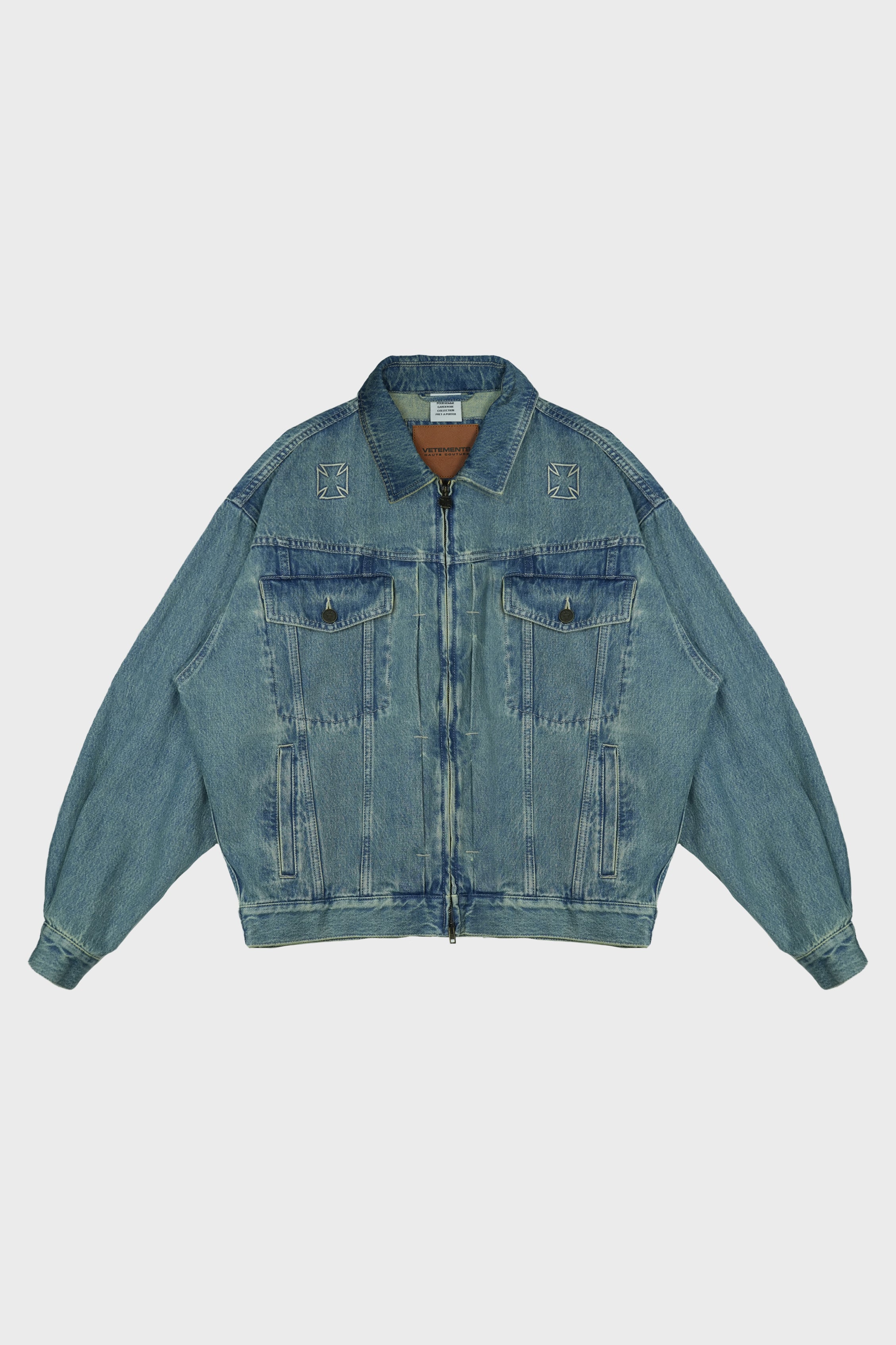 BIKER CROSSES ZIP DENIM JACKET VINTAGE MID BLUE