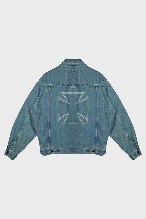 BIKER CROSSES ZIP DENIM JACKET VINTAGE MID BLUE