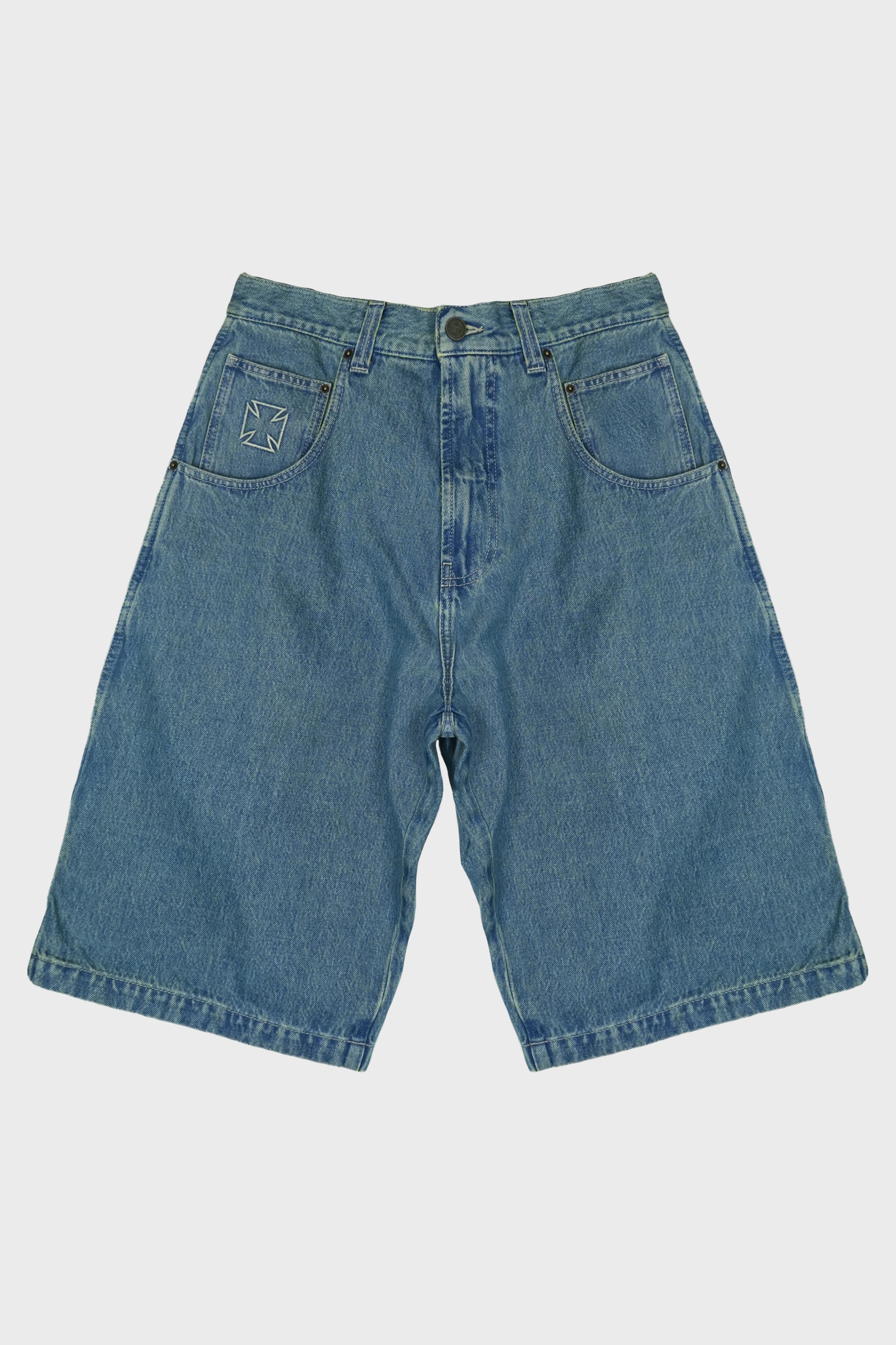 BIKER CROSS HIP-HOP DENIM SHORTS VINTAGE MID BLUE