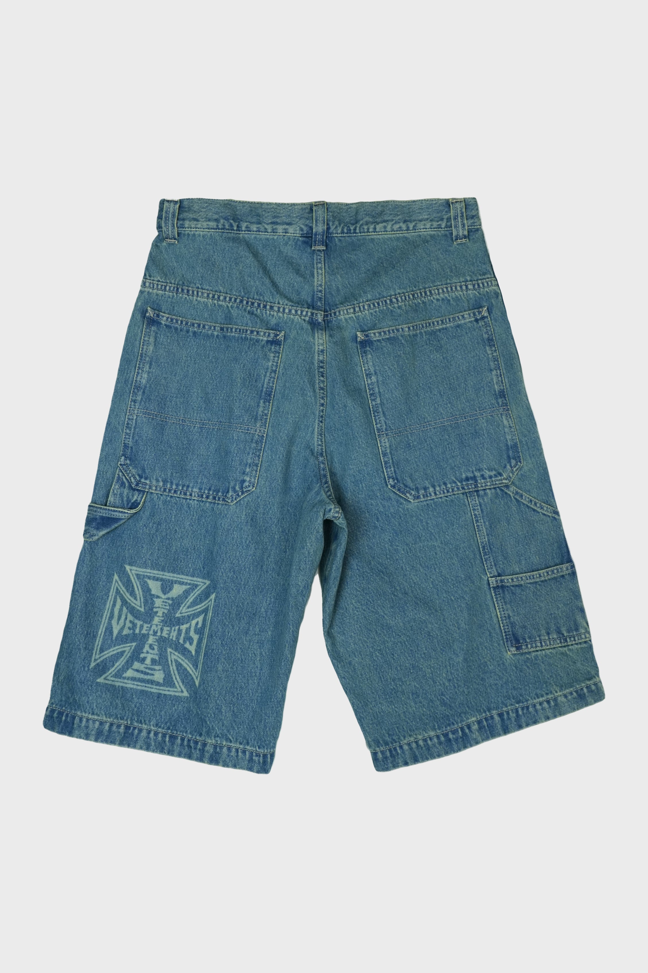 BIKER CROSS HIP-HOP DENIM SHORTS VINTAGE MID BLUE