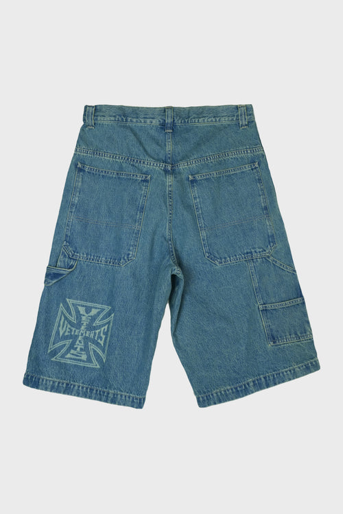 BIKER CROSS HIP-HOP DENIM SHORTS VINTAGE MID BLUE