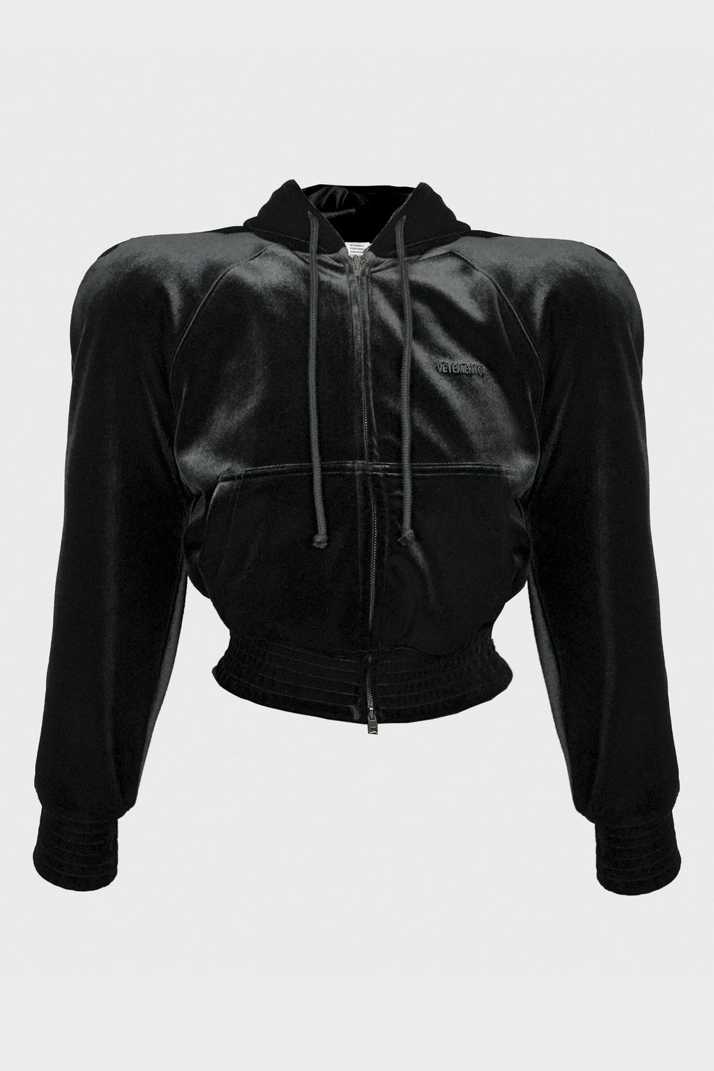 VELVET ROUNDED SHOULDER ZIP-UP HOODIE BLACK