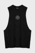 BIKER LEATHER CROSS JERSEY MUSCLE T-SHIRT BLACK