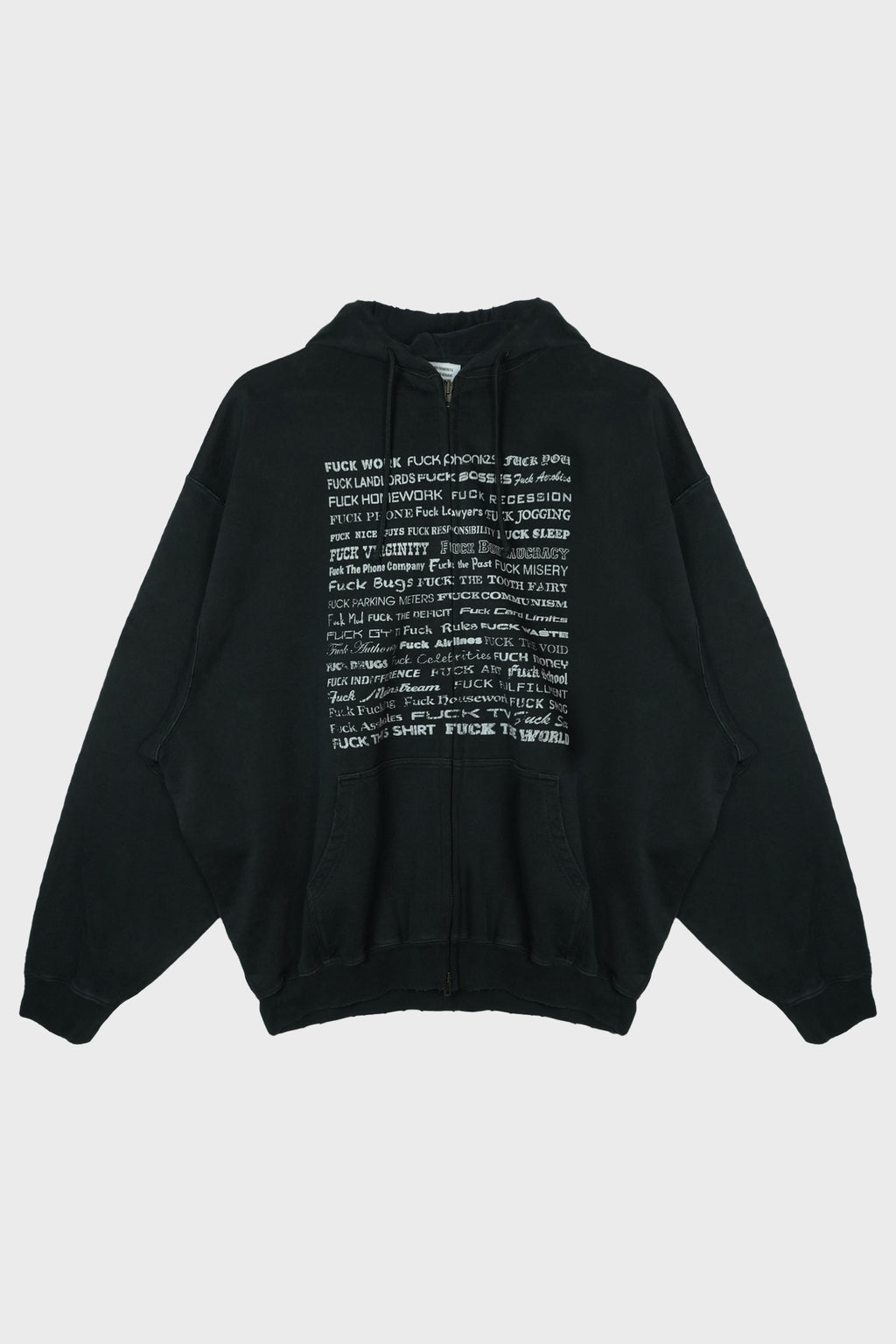 FUCK EVERYTHING ZIP-UP HOODIE WASHED-OUT BLACK