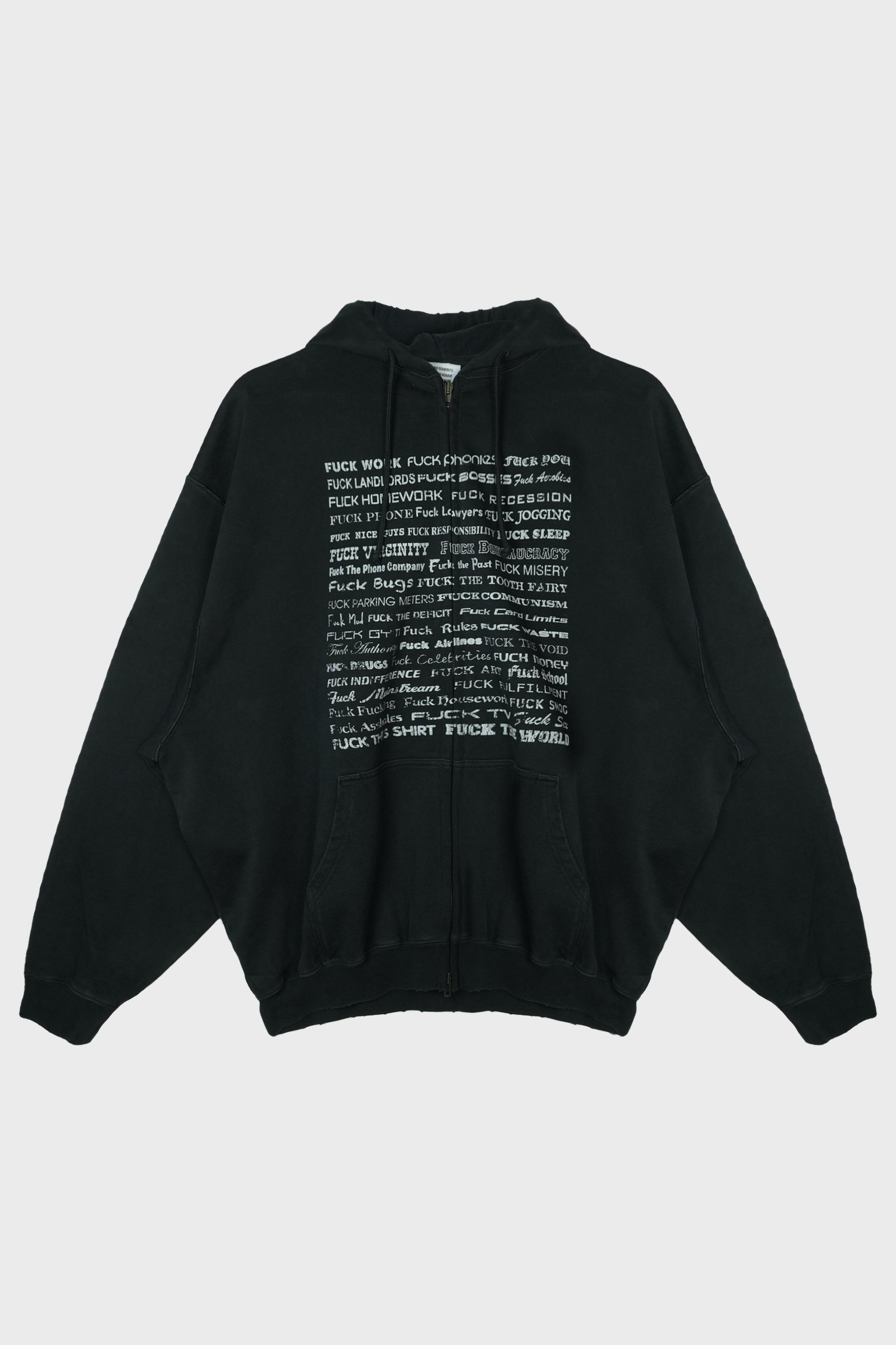 FUCK EVERYTHING ZIP-UP HOODIE WASHED-OUT BLACK