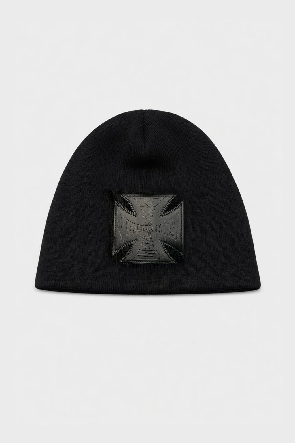 LEATHER BIKER CROSS LOGO BEANIE BLACK