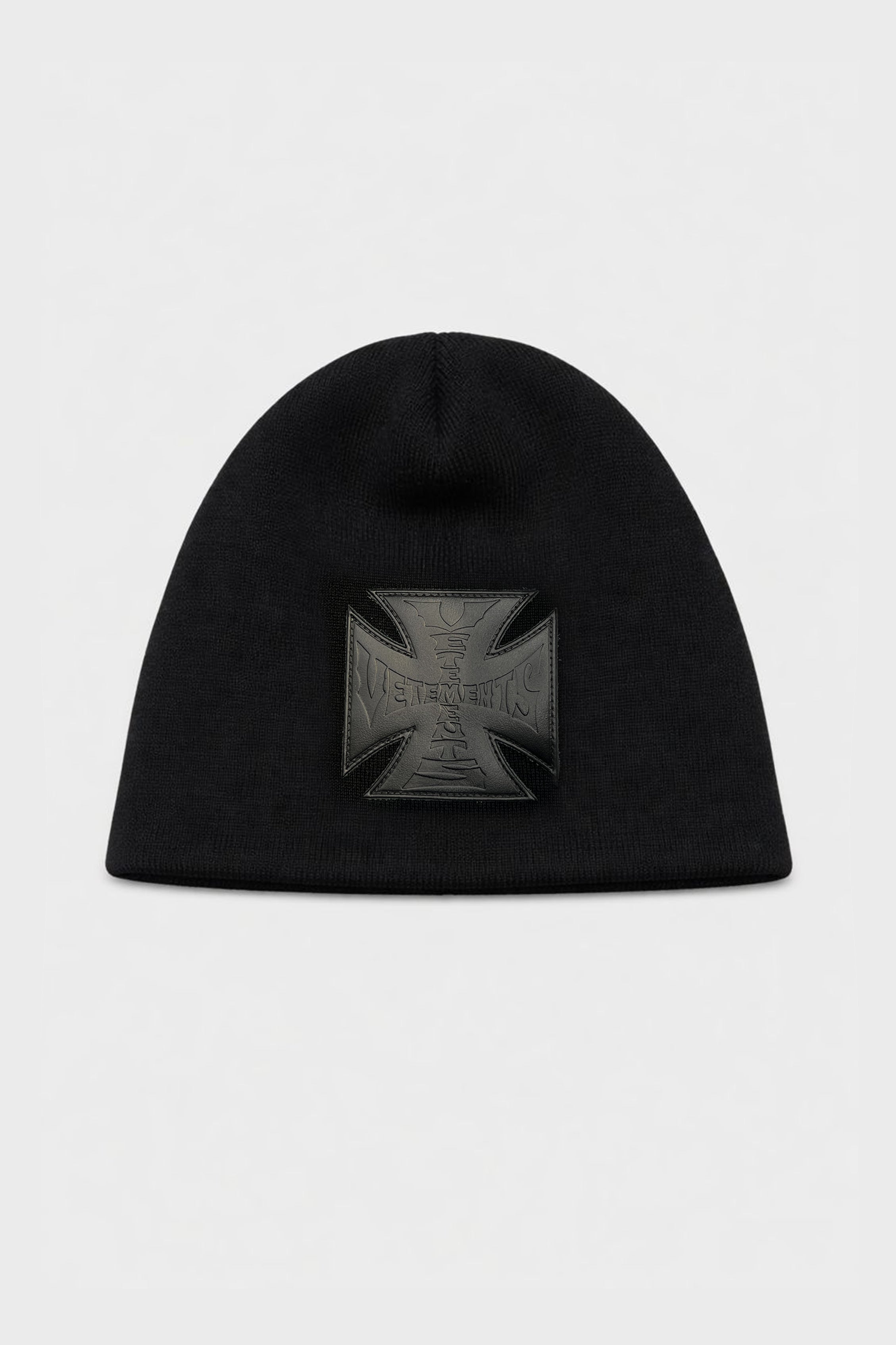 LEATHER BIKER CROSS LOGO BEANIE BLACK