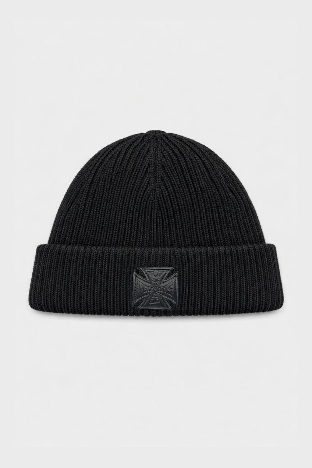 LEATHER BIKER CROSS LABEL BEANIE BLACK