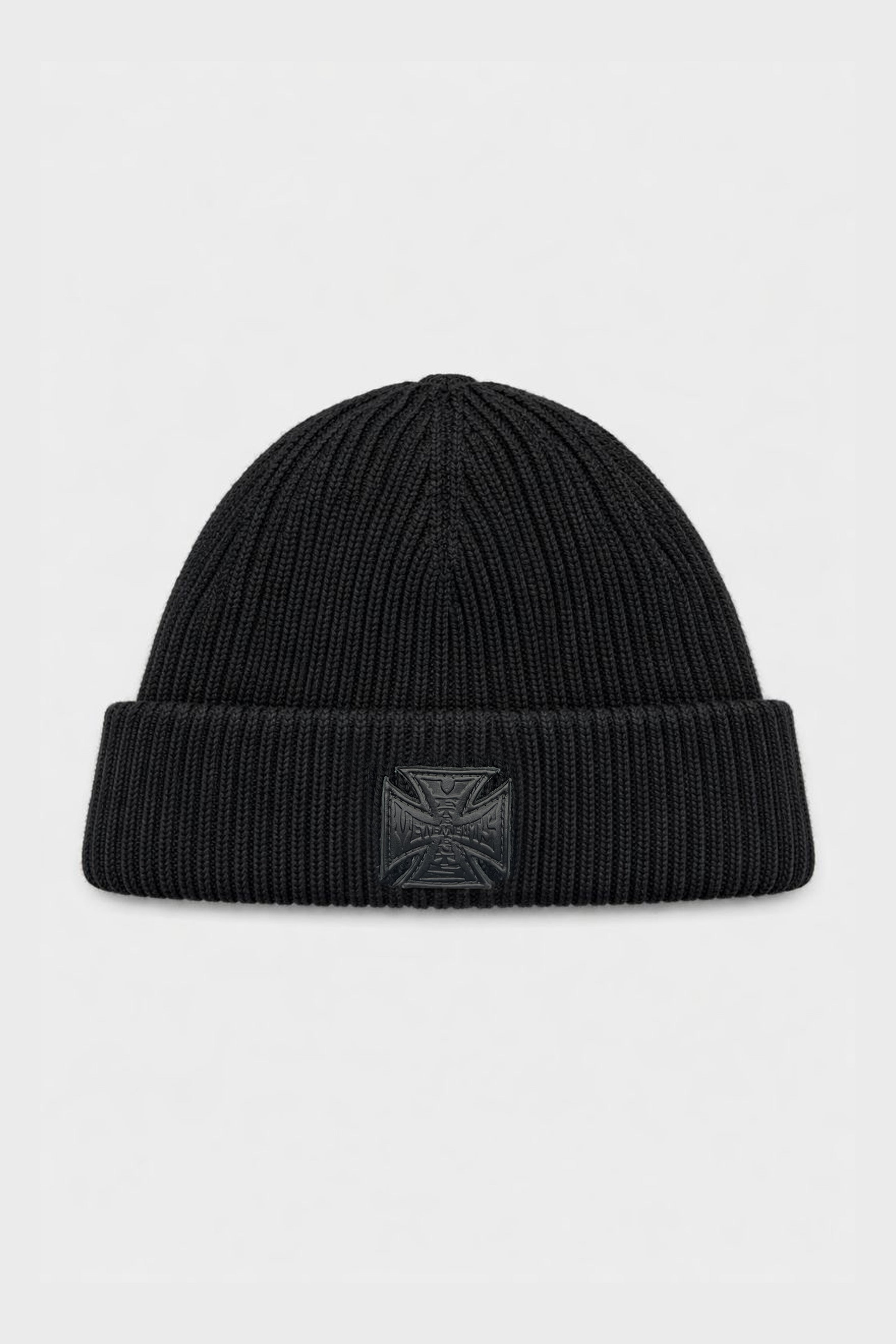 LEATHER BIKER CROSS LABEL BEANIE BLACK