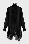 BARAH LONG COMFORT SHIRT WITH LACE RUFFLES BLACK