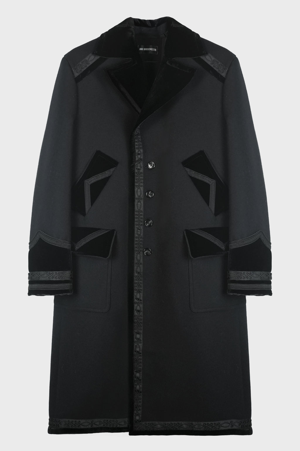 HAVTOR STRAIGHT COAT WITH SHINY VELVET CONTRASTS AND SOUTACHE EMBROIDERY BLACK