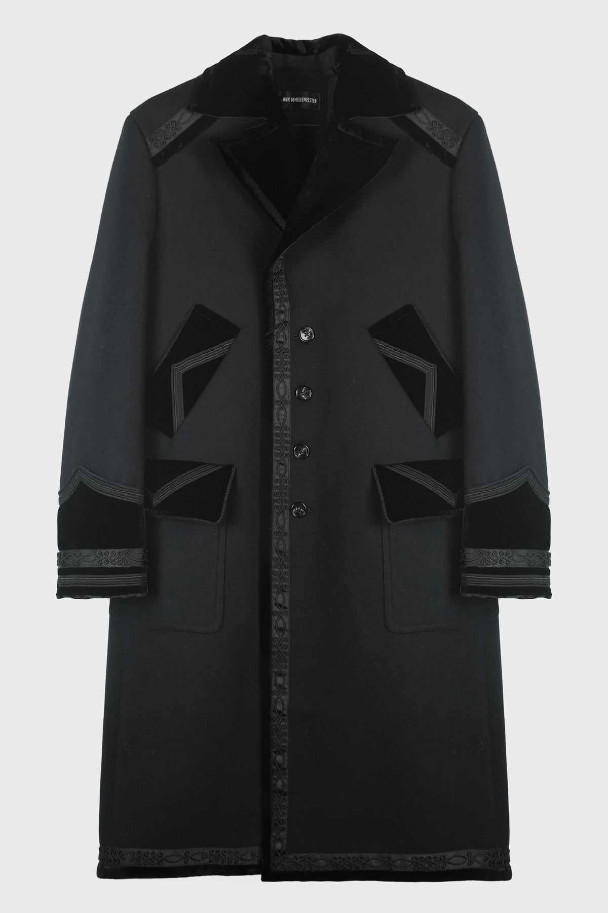 HAVTOR STRAIGHT COAT WITH SHINY VELVET CONTRASTS AND SOUTACHE EMBROIDERY BLACK