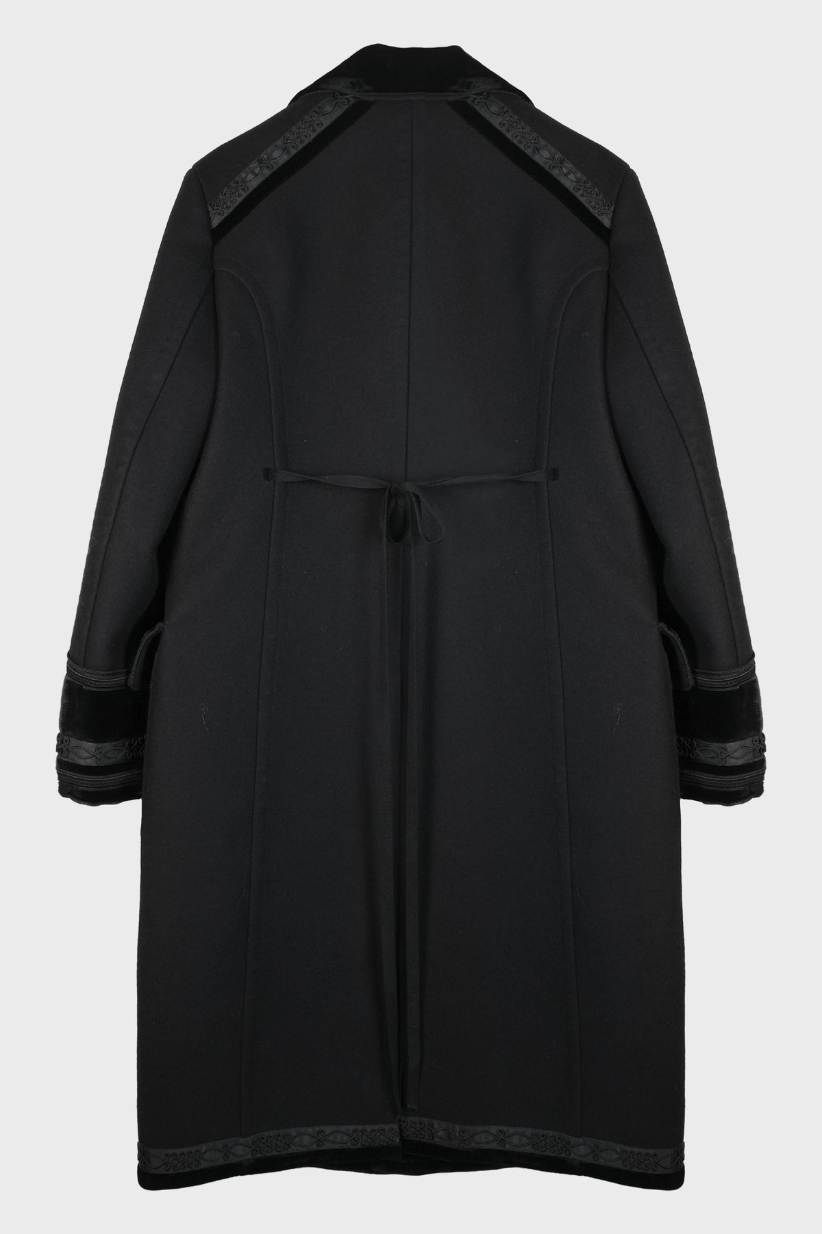HAVTOR STRAIGHT COAT WITH SHINY VELVET CONTRASTS AND SOUTACHE EMBROIDERY BLACK