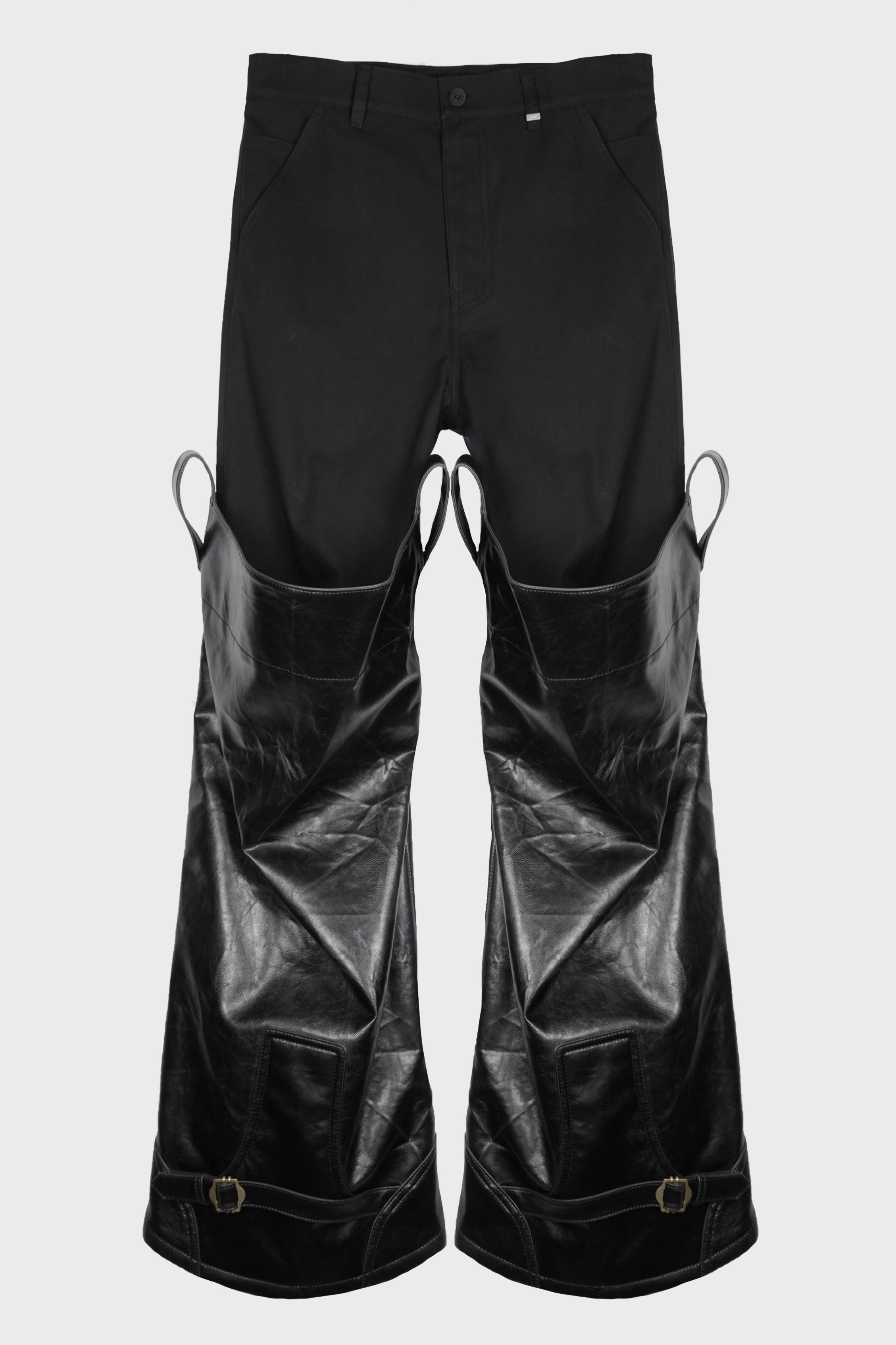 LAYERED FAUX LEATHER BOOTS PANTS BLACK