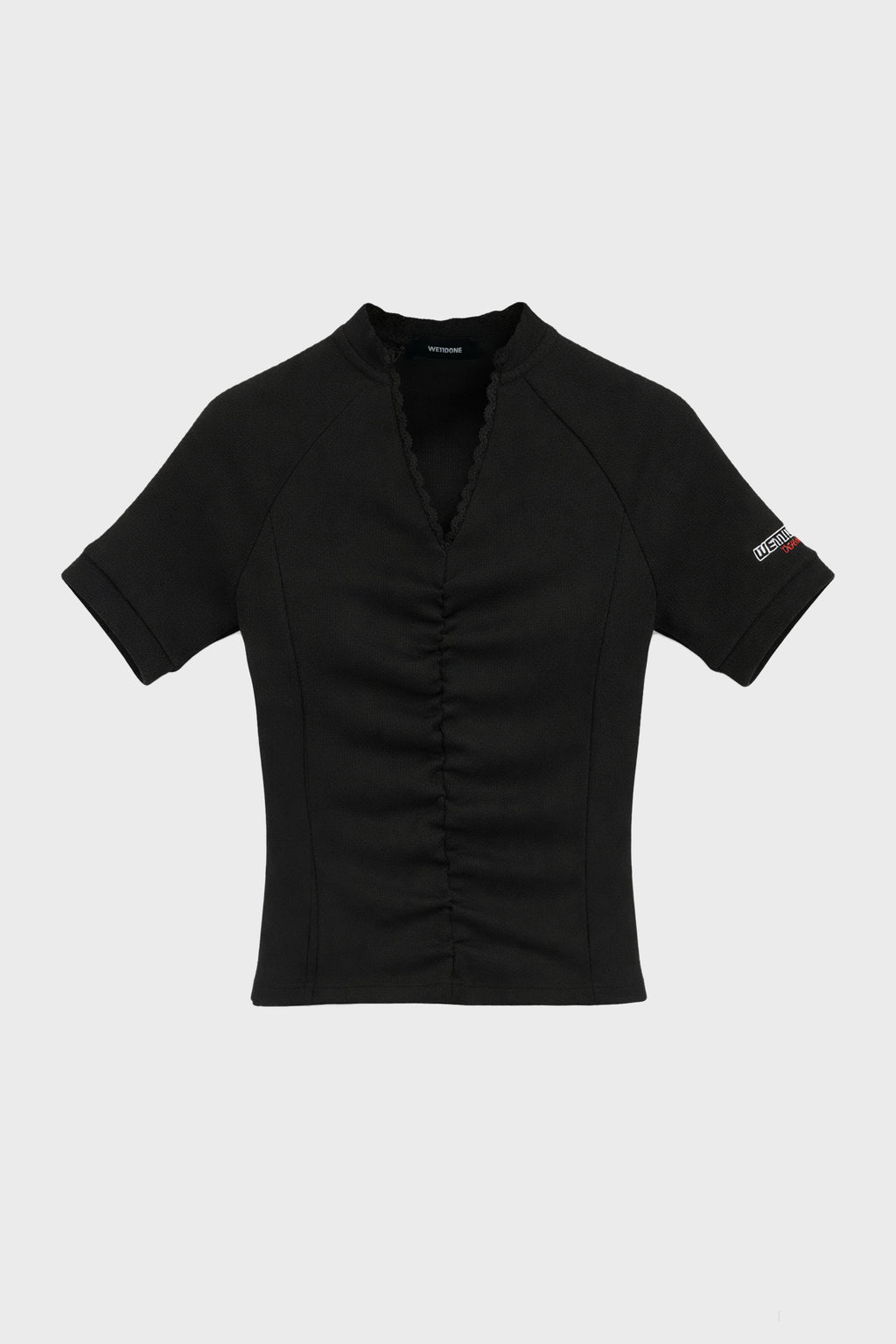 RIBBED RUCHED FITTED LACE T-SHIRT BLACK