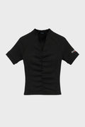 RIBBED RUCHED FITTED LACE T-SHIRT BLACK