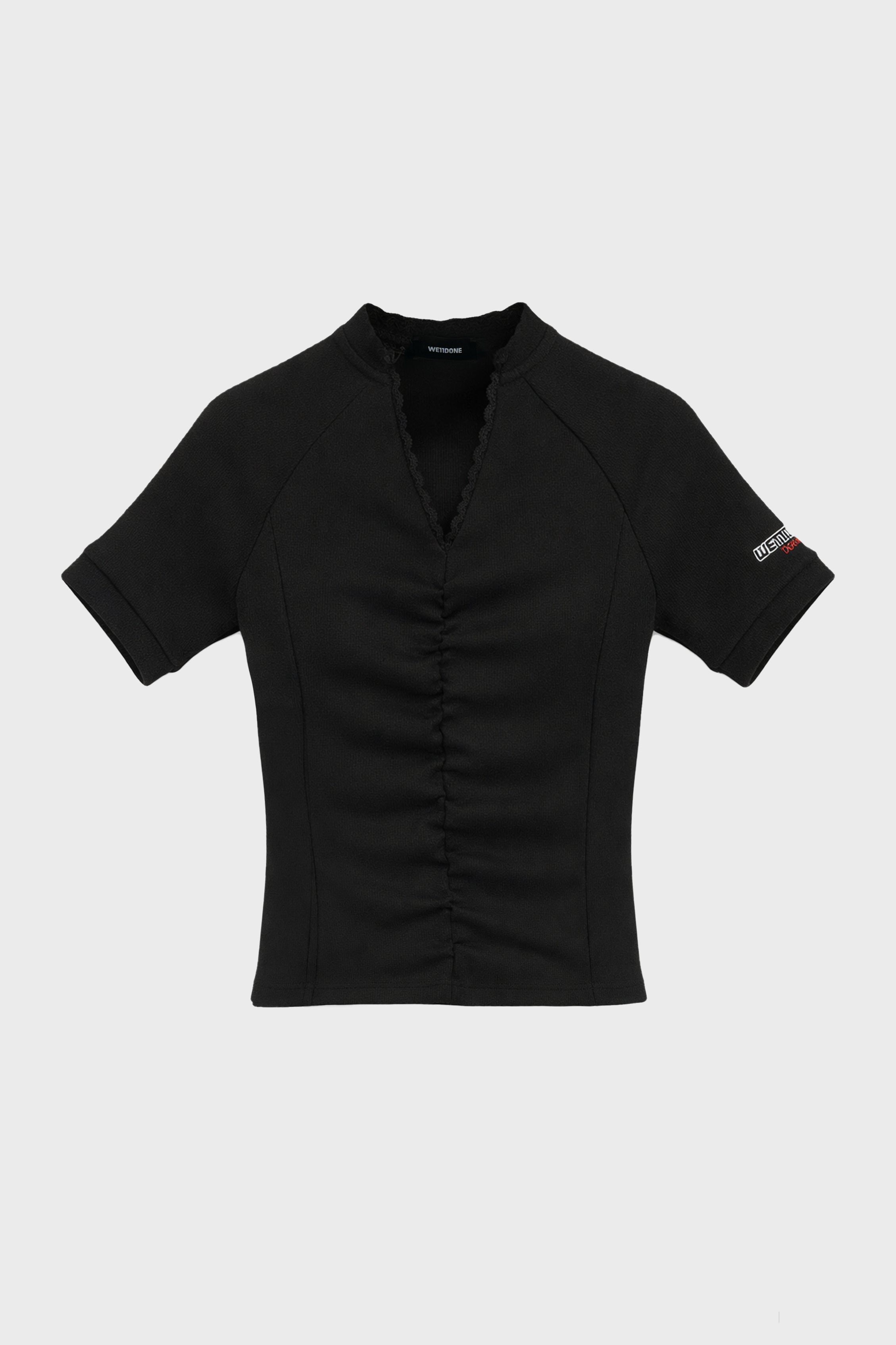 RIBBED RUCHED FITTED LACE T-SHIRT BLACK