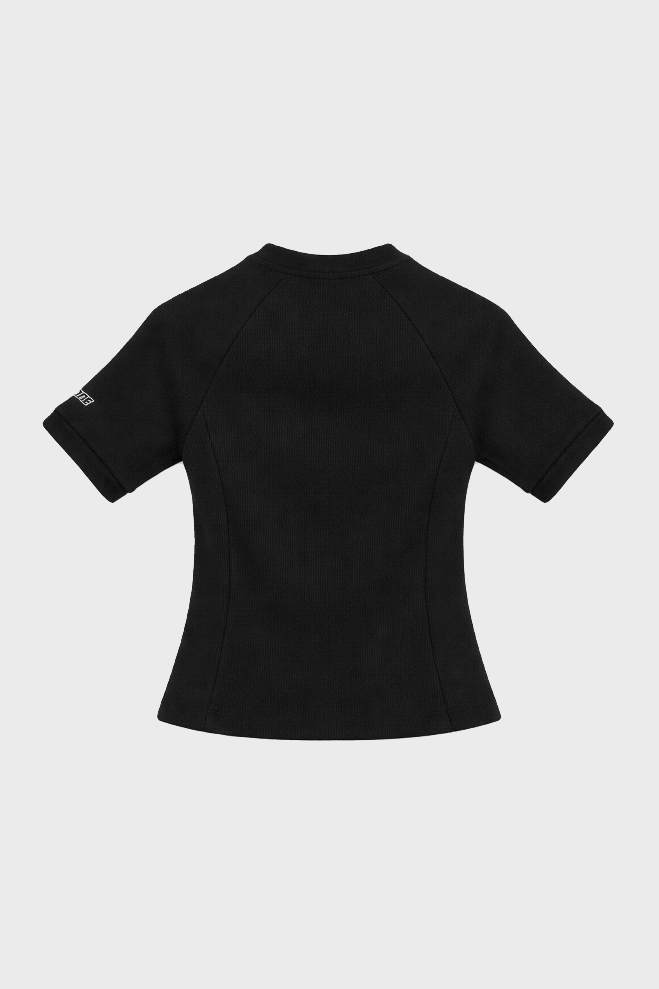 RIBBED RUCHED FITTED LACE T-SHIRT BLACK