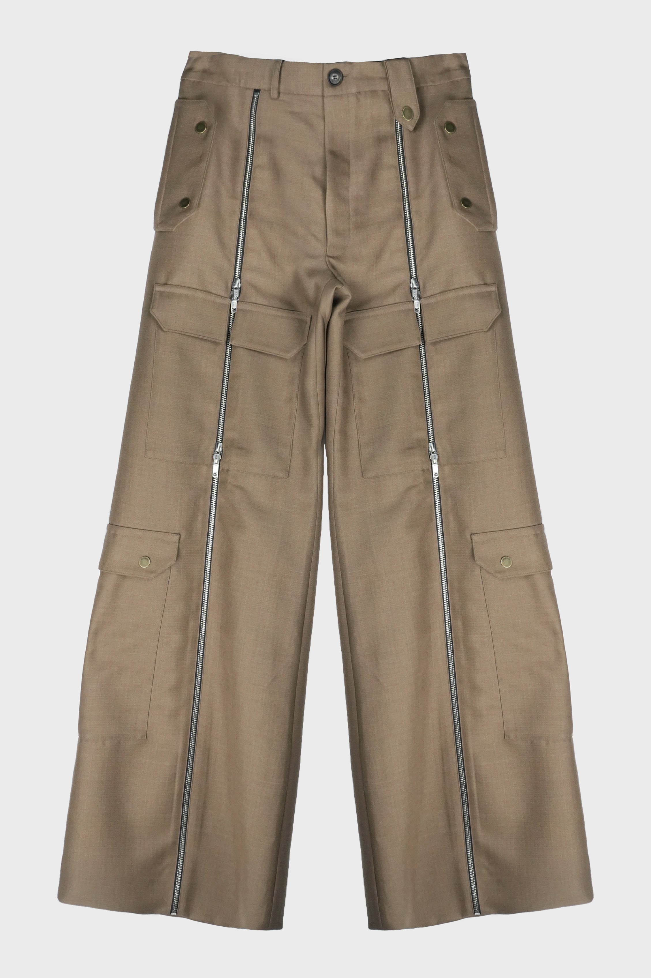 MULTI-ZIP FRONT TROUSER VISCOSE TAILORING WOOL BROWN