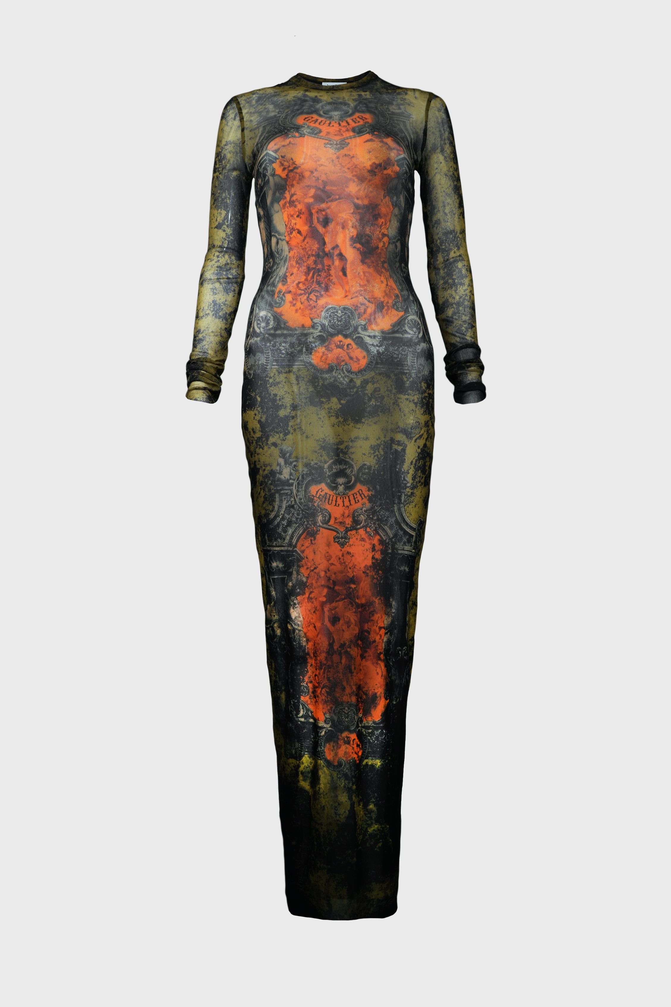 MESH LONG DRESS "MÉDAILLON" BLACK/KHAKI