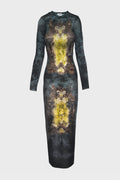 MESH LONG DRESS "MÉDAILLON" BLACK/VINTAGEBLUE/GREEN