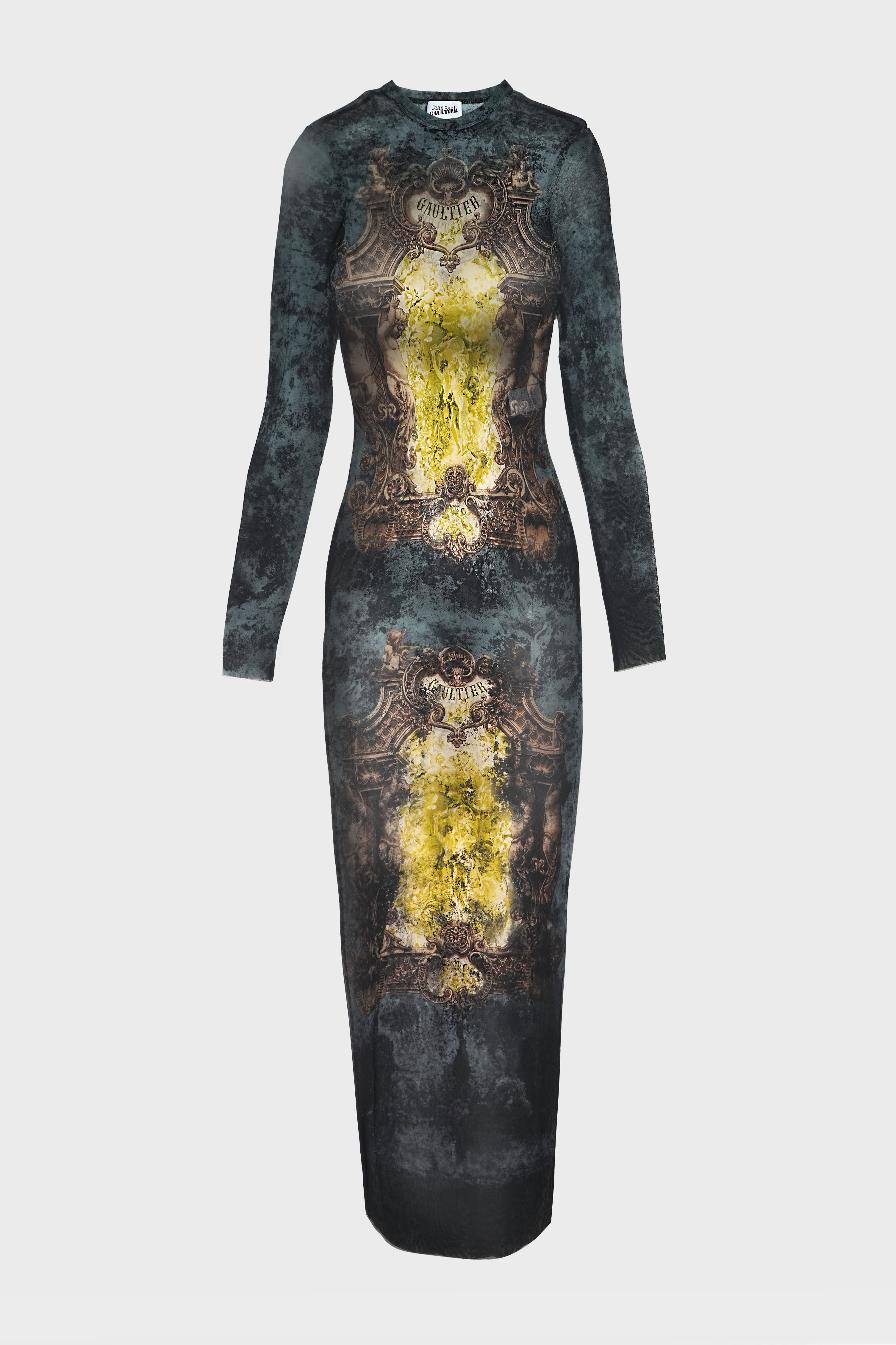 MESH LONG DRESS "MÉDAILLON" BLACK/VINTAGEBLUE/GREEN