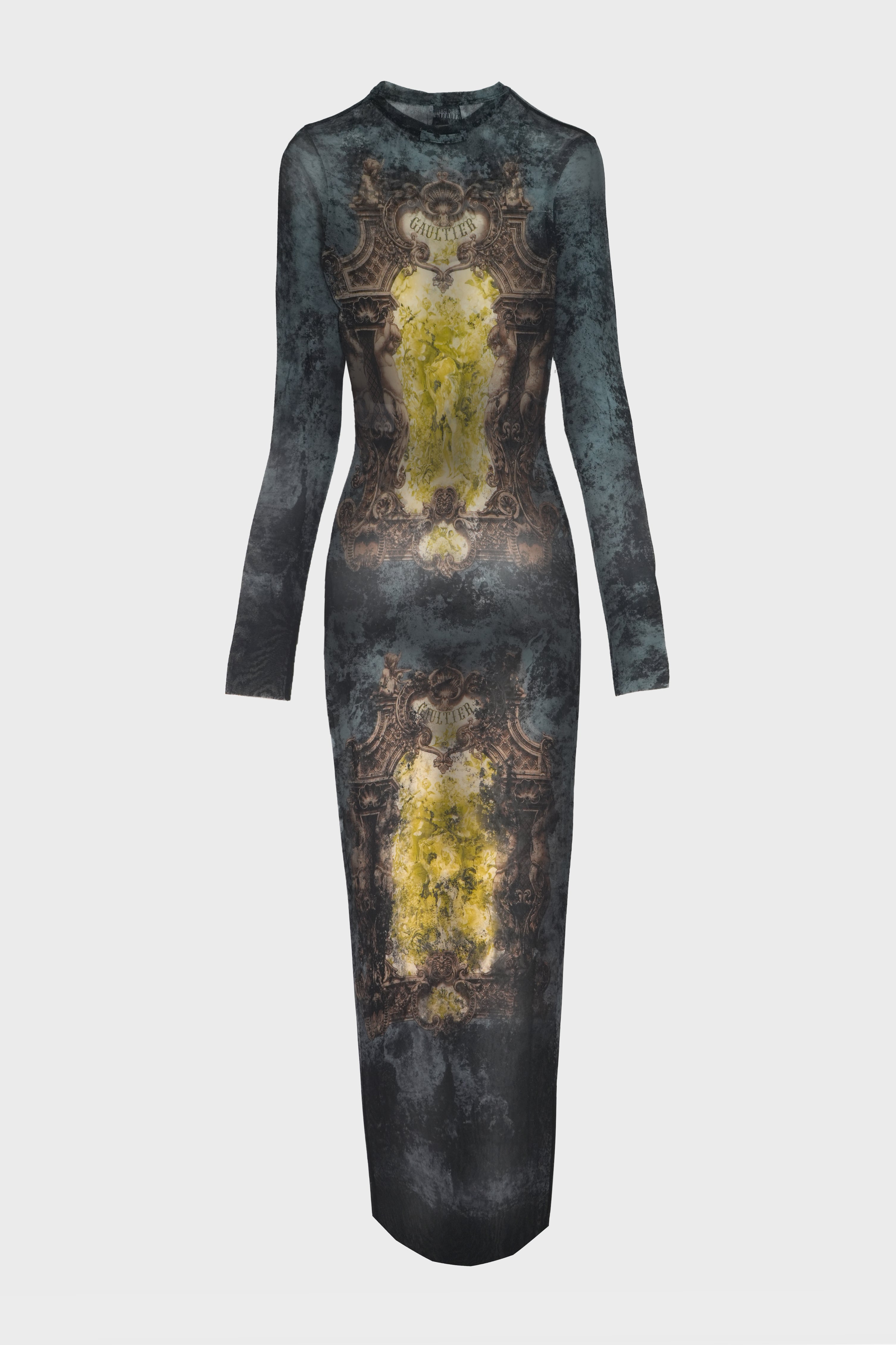 MESH LONG DRESS "MÉDAILLON" BLACK/VINTAGEBLUE/GREEN