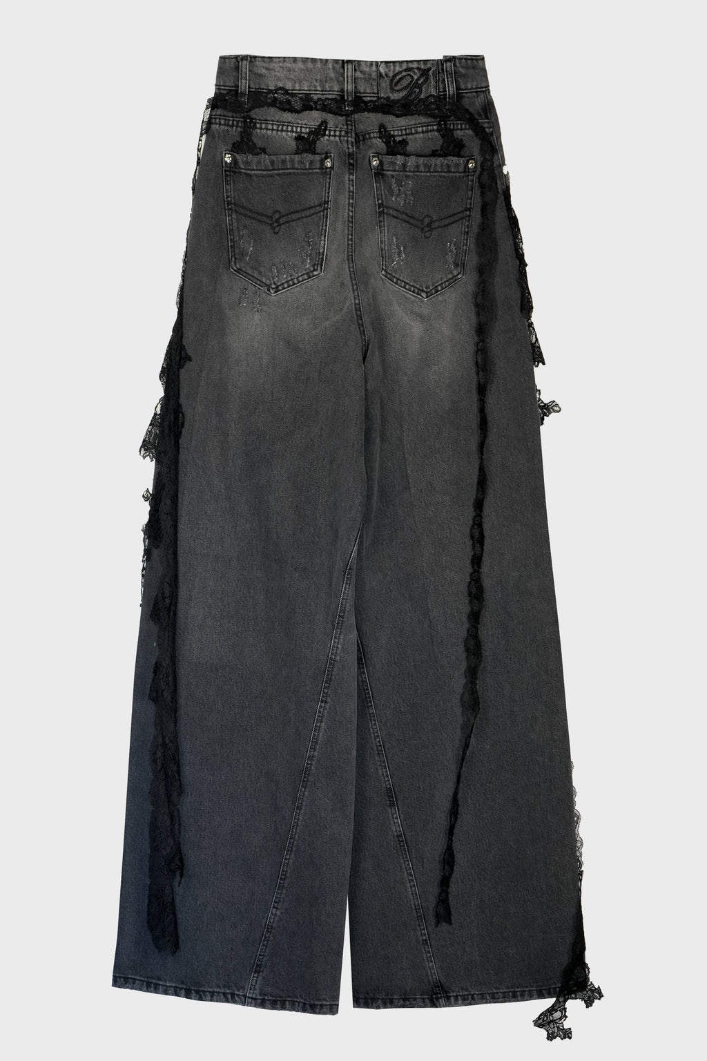 DESTROYED EXTRA BAGGY JEANS WITH LACE TRIM GREY GUNMETAL