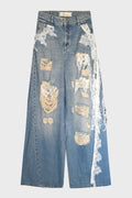 DESTROYED EXTRA BAGGY JEANS WITH LACE TRIM ICE BLUE