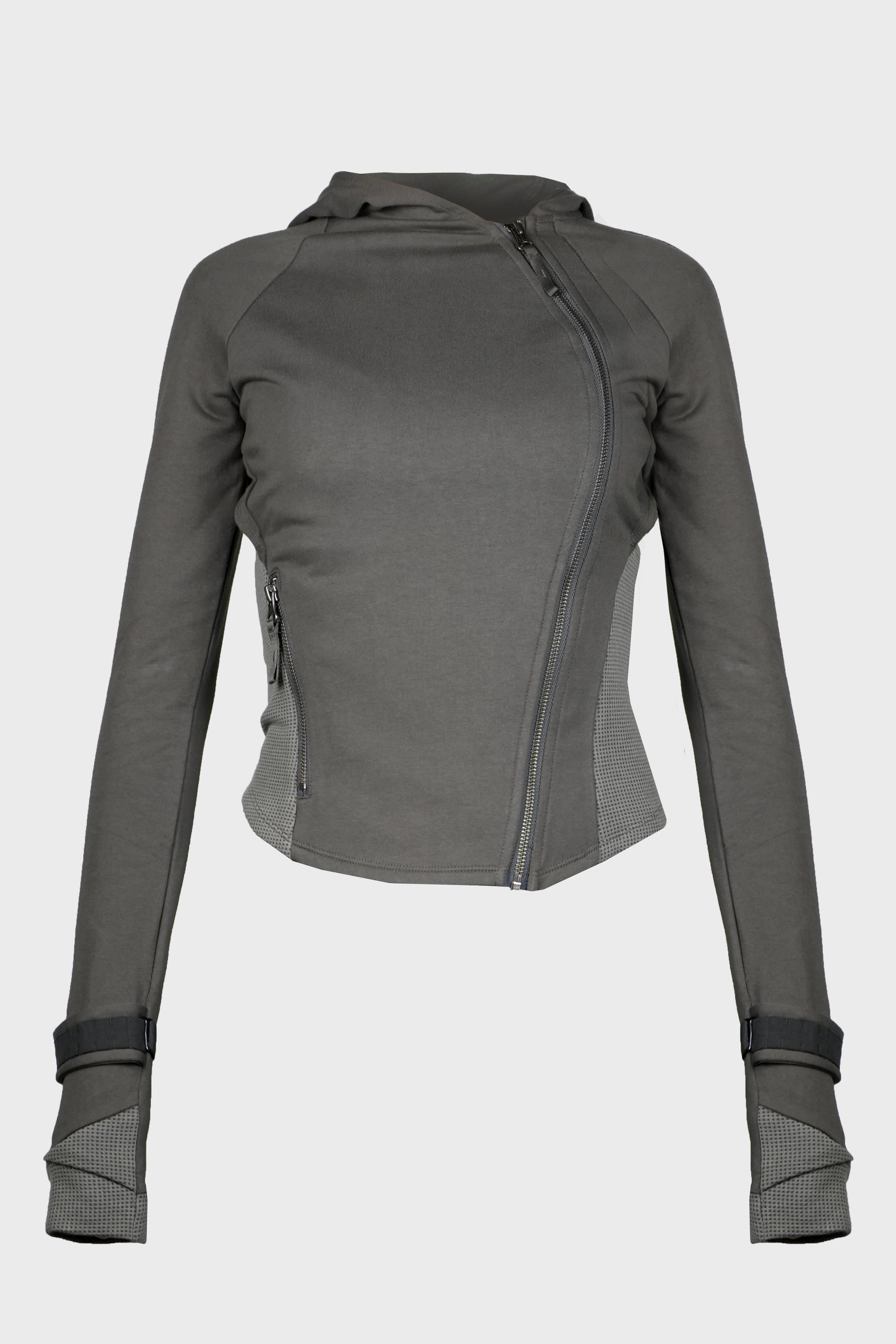 HOODED ASYMMETRIC ZIP TOP DARK GREY