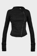 HOODED ASYMMETRIC ZIP TOP BLACK
