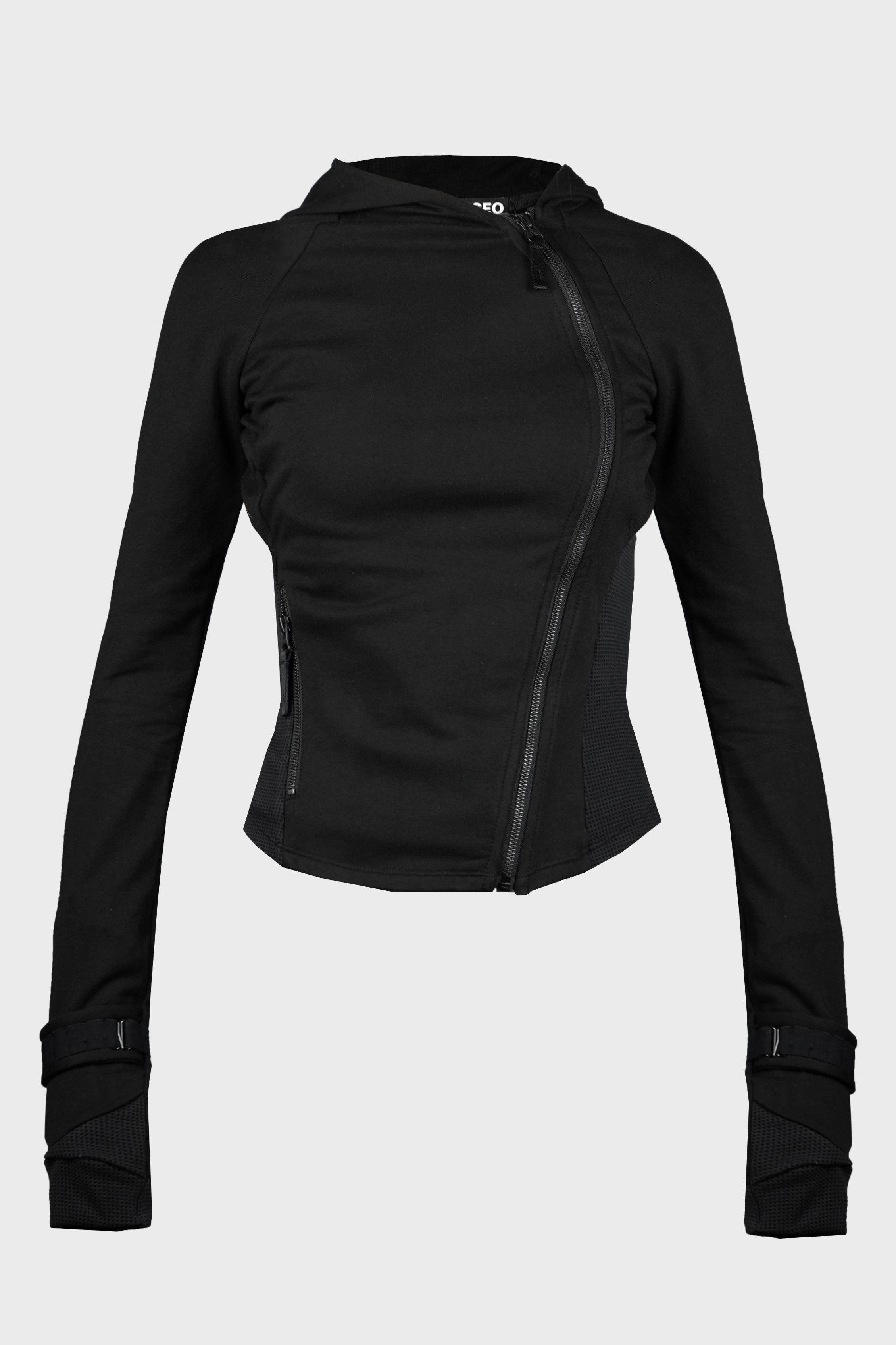 HOODED ASYMMETRIC ZIP TOP BLACK