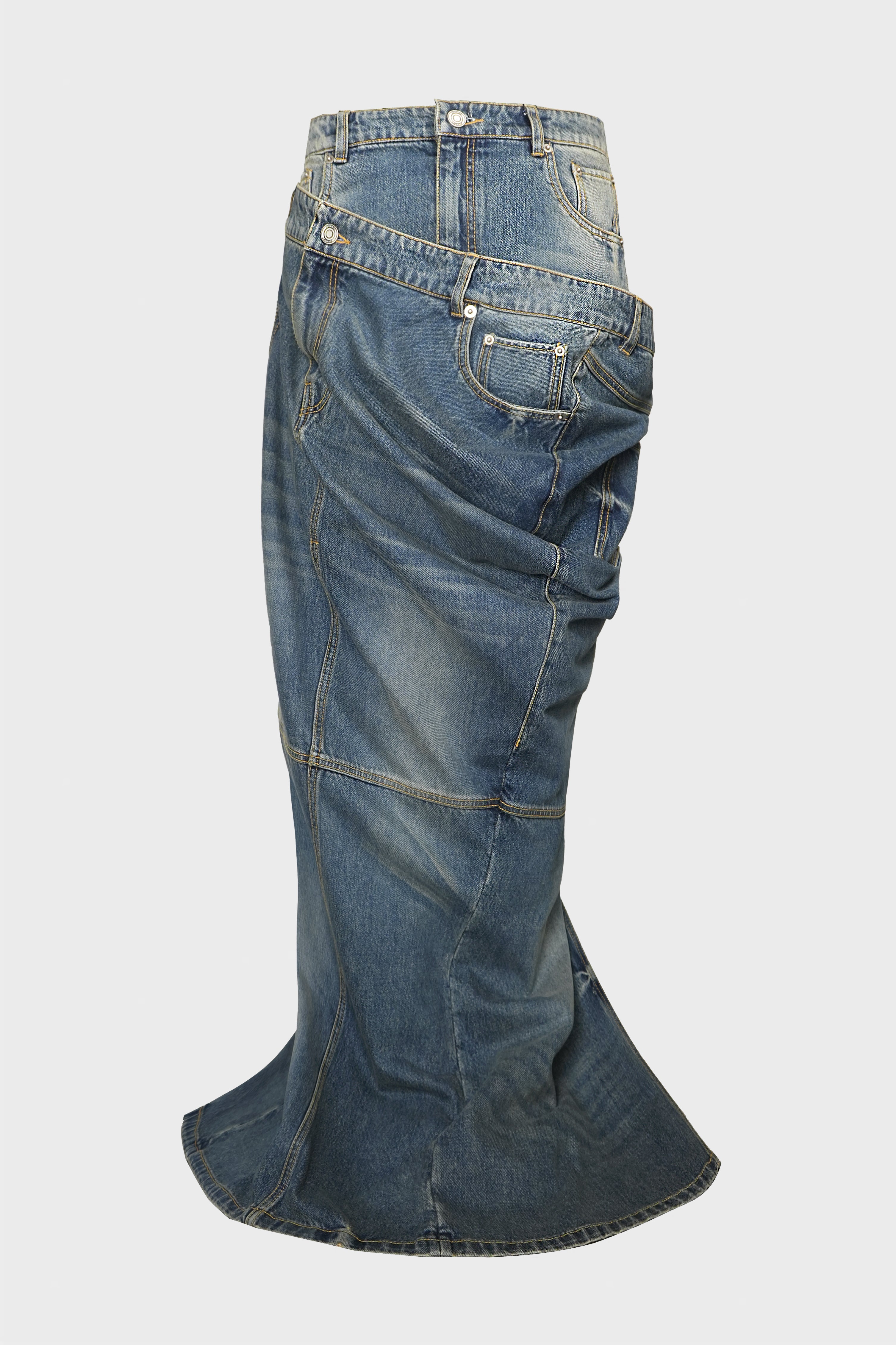 LAYERED BLUE JEAN SLIM SKIRT