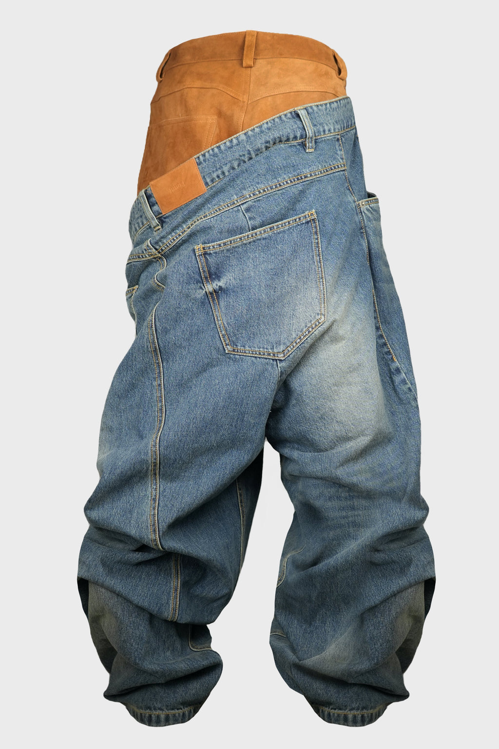 BLUE DENIM + CAMEL SUEDE DIAGONAL LAYERED PANTS