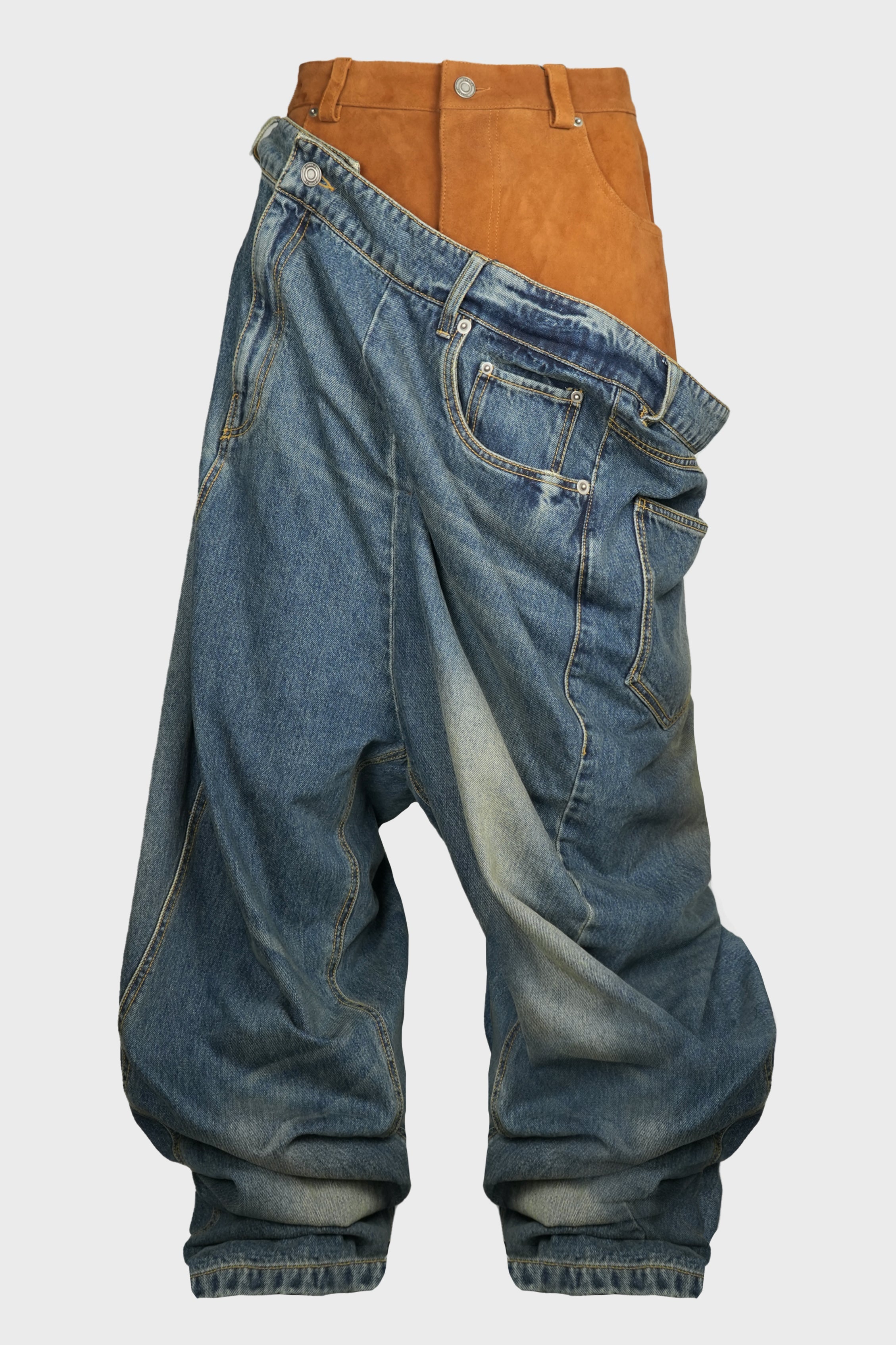 BLUE DENIM + CAMEL SUEDE DIAGONAL LAYERED PANTS