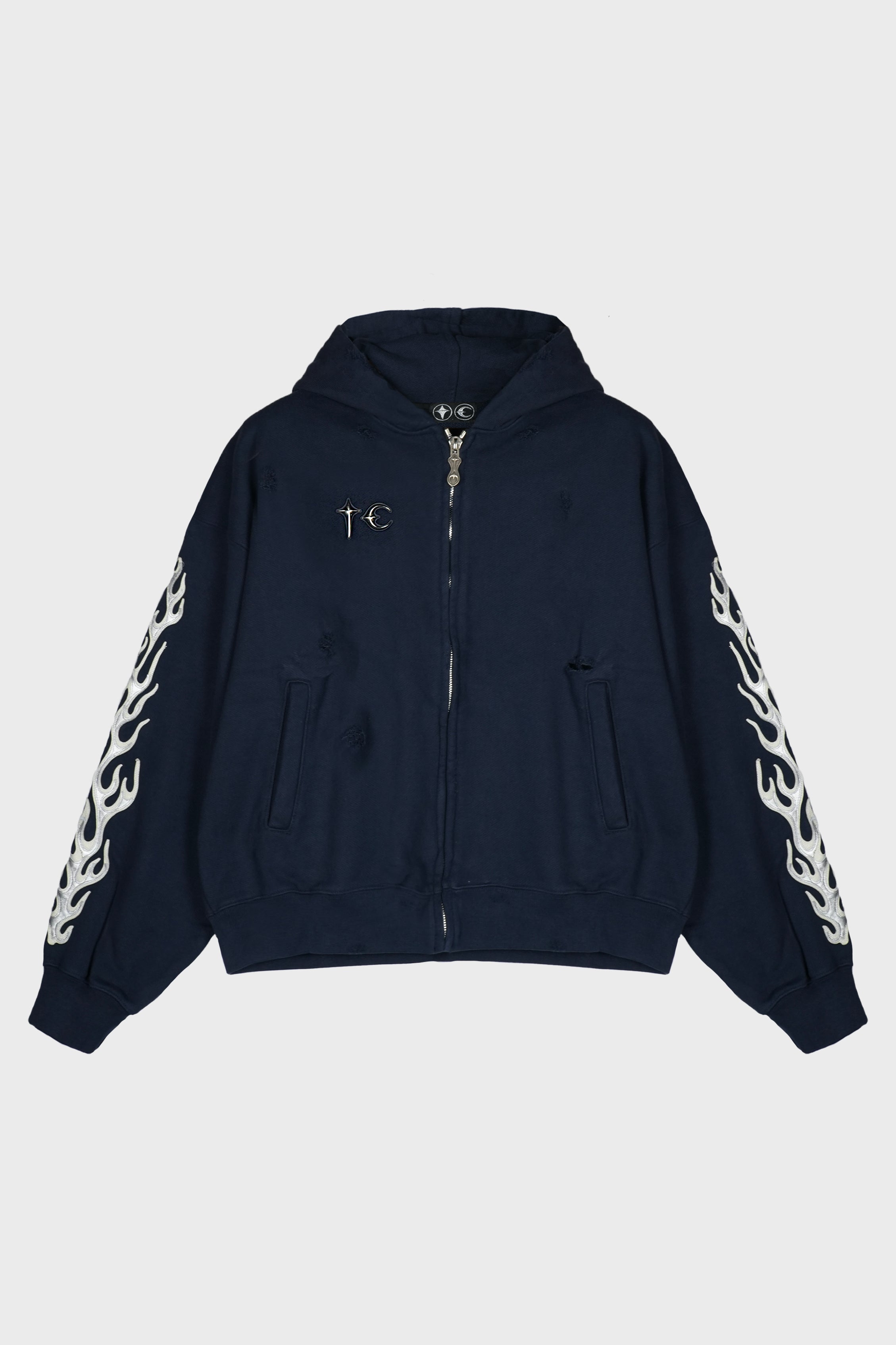 LEATHER FLAME HOODED ZIP-UP