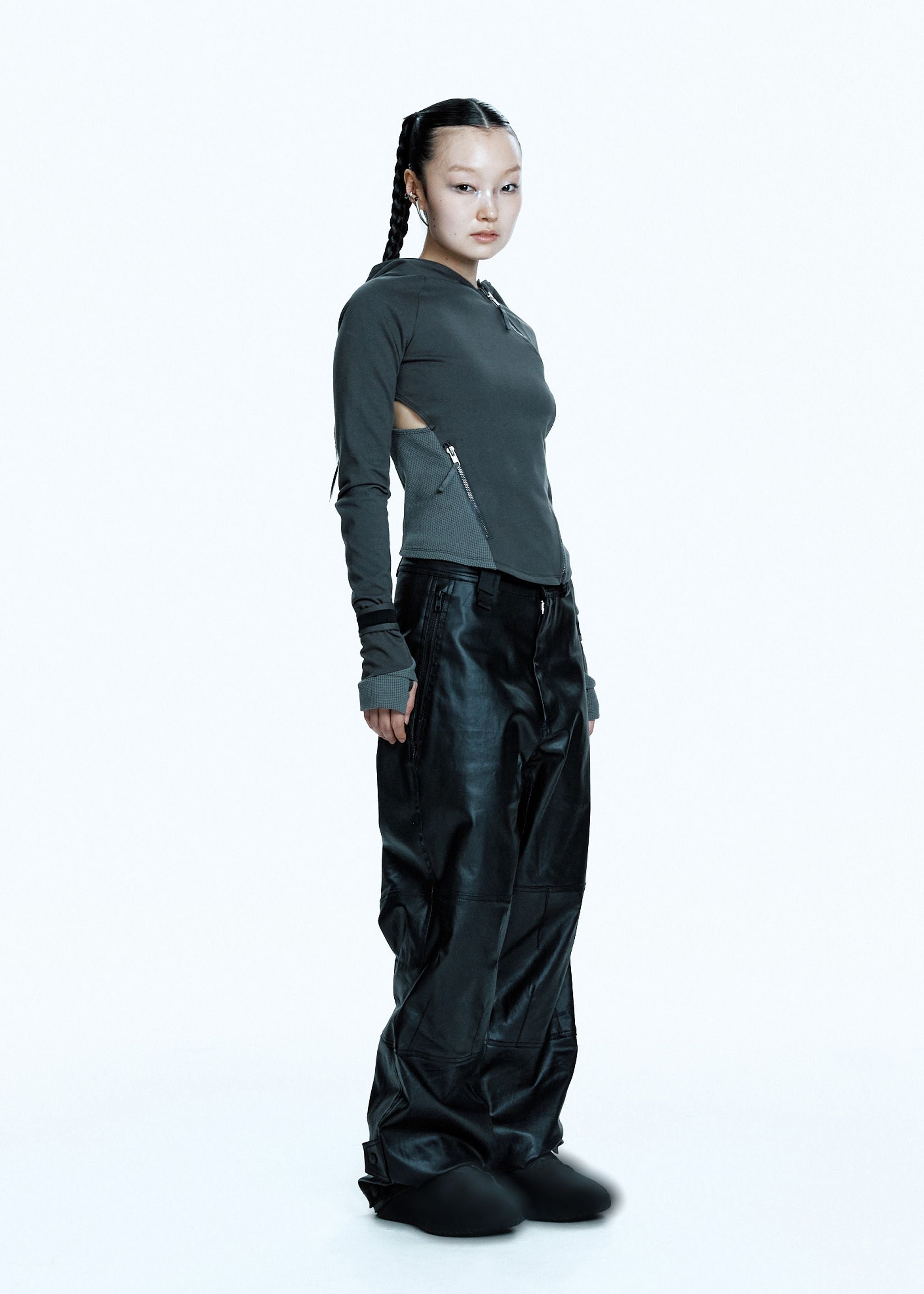 HOODED ASYMMETRIC ZIP TOP DARK GREY