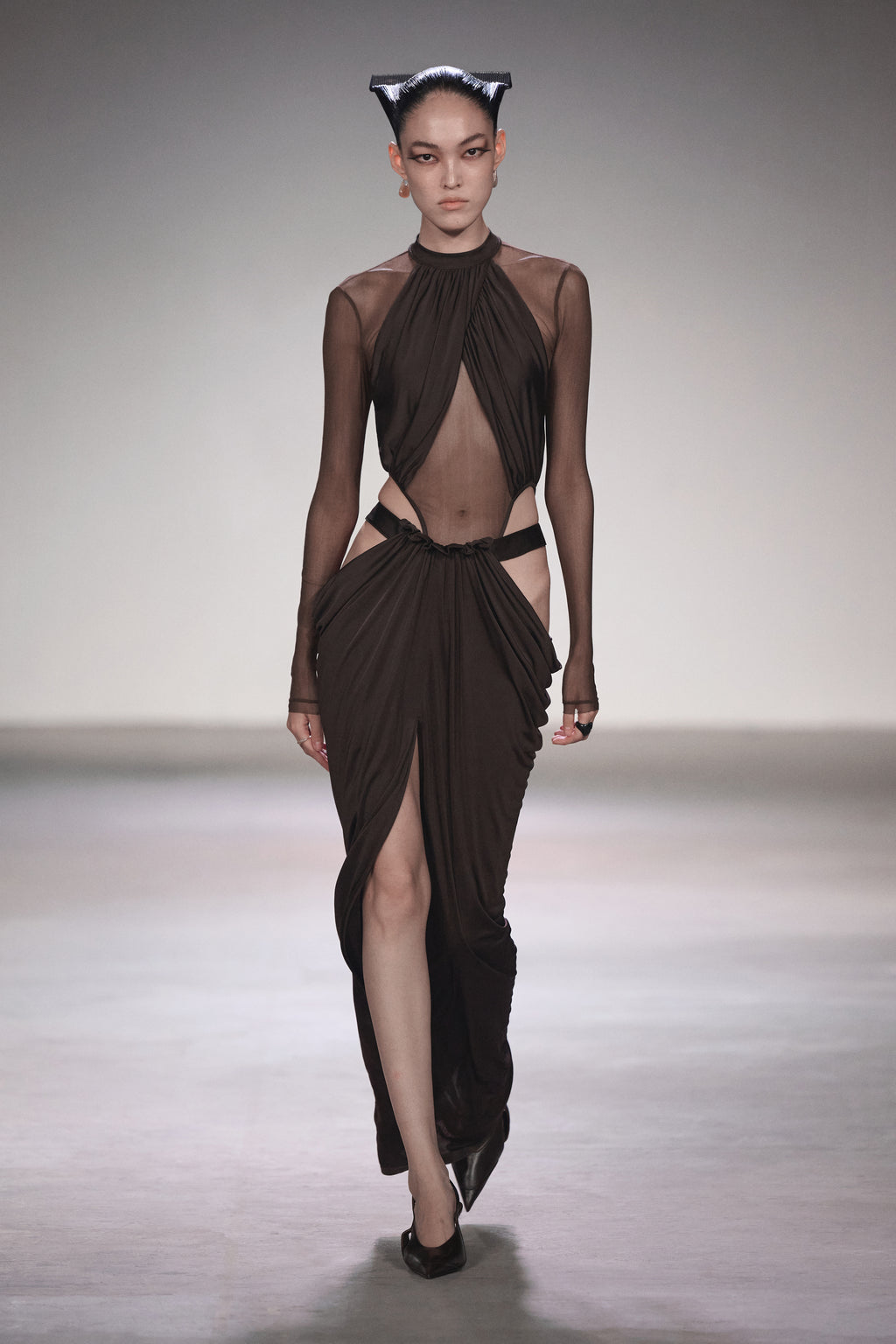 PANELED MESH BODYSUIT COFFEE