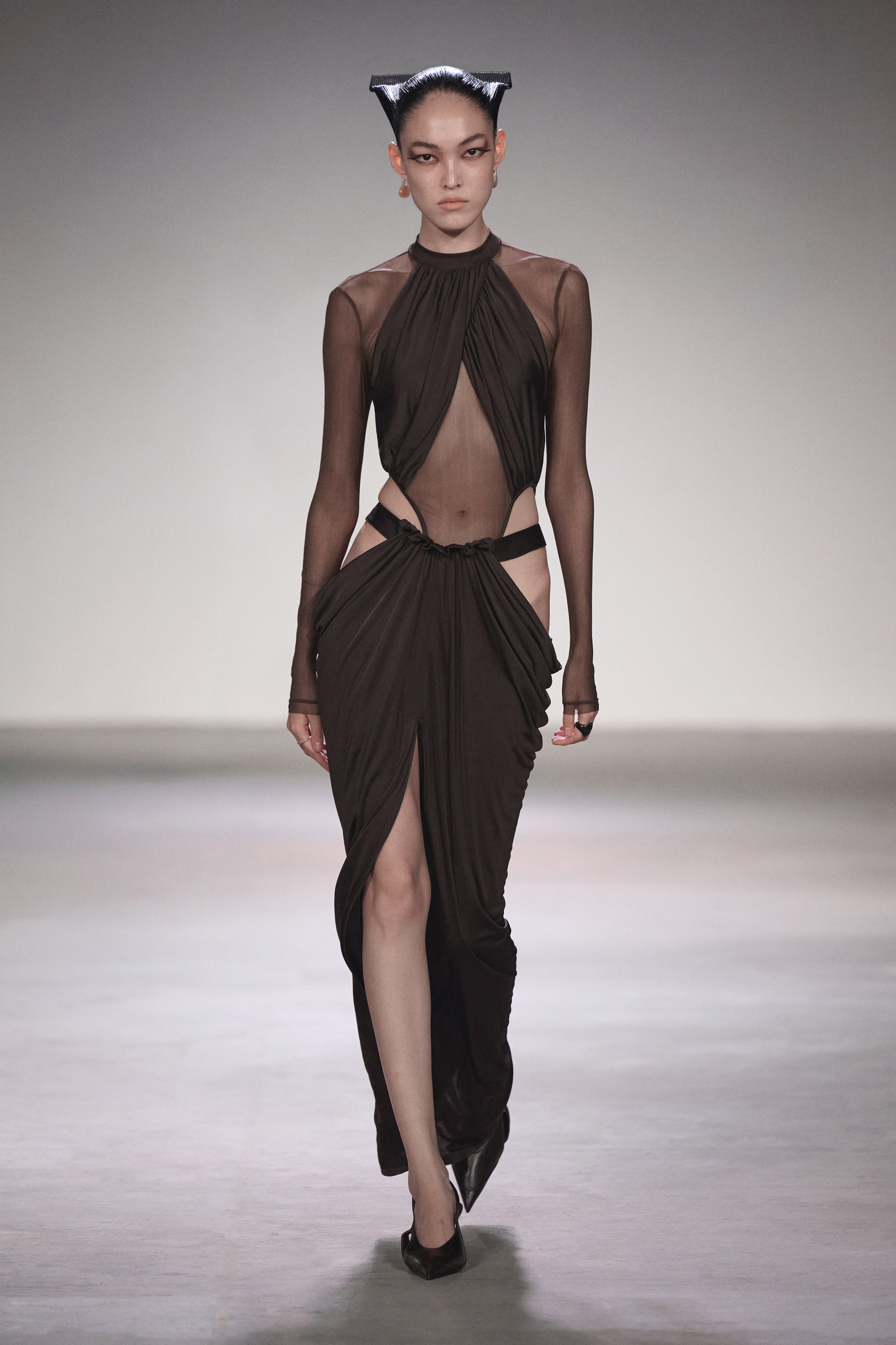 PANELED MESH BODYSUIT COFFEE