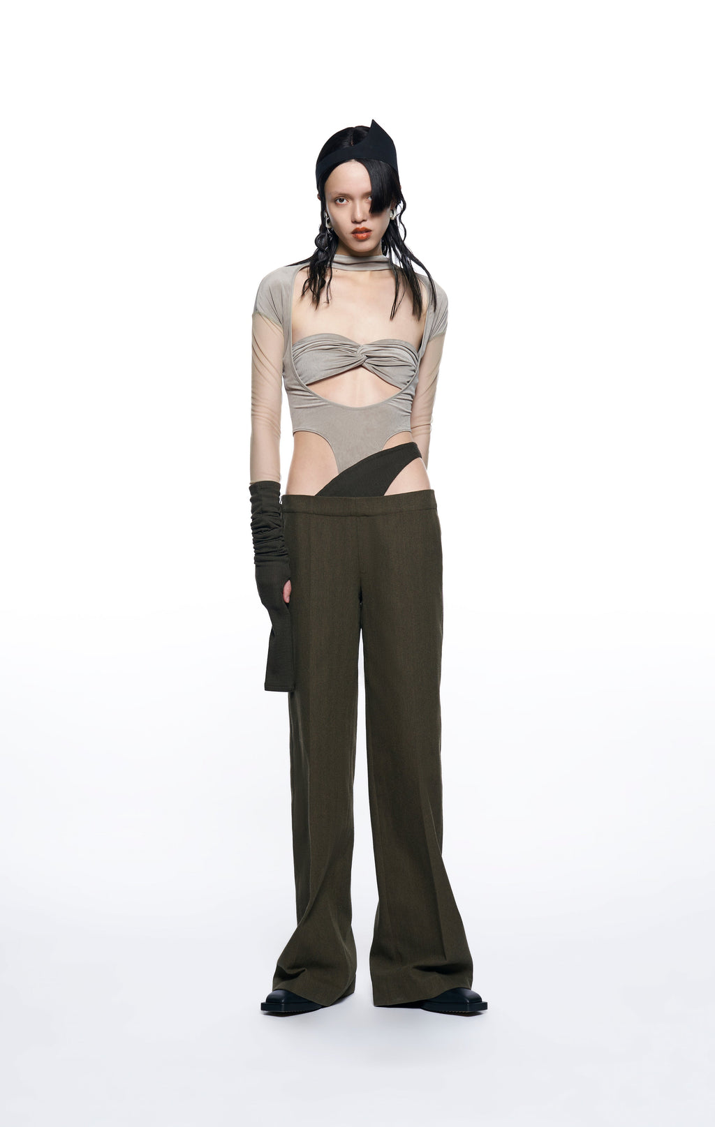 GREEN WOOL BLEND DECONSTRUCTED STRAIGHT-LEG TROUSERS