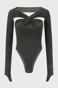 TWIST-KNOTTED STRETCH VELVET BODYSUIT