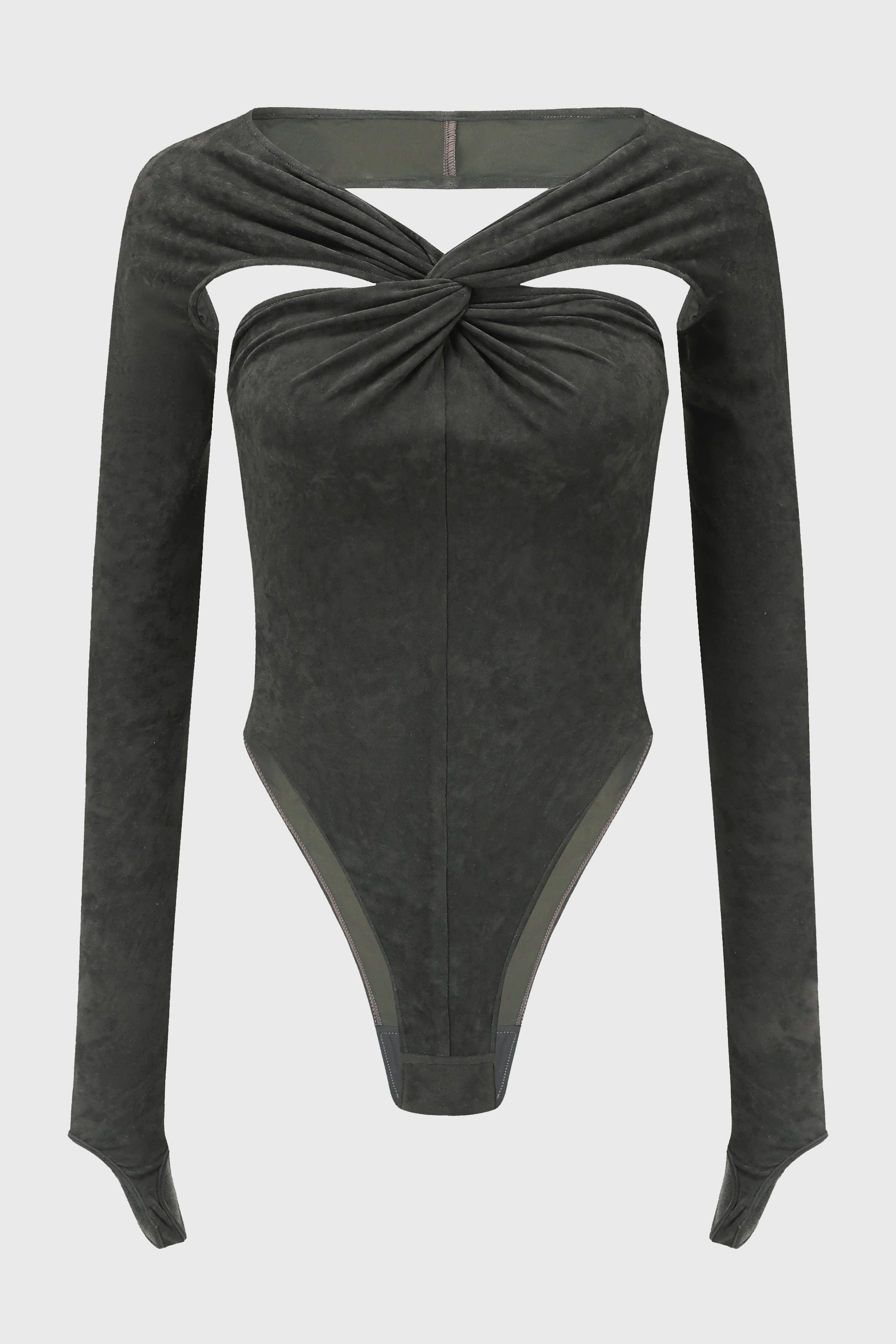 TWIST-KNOTTED STRETCH VELVET BODYSUIT