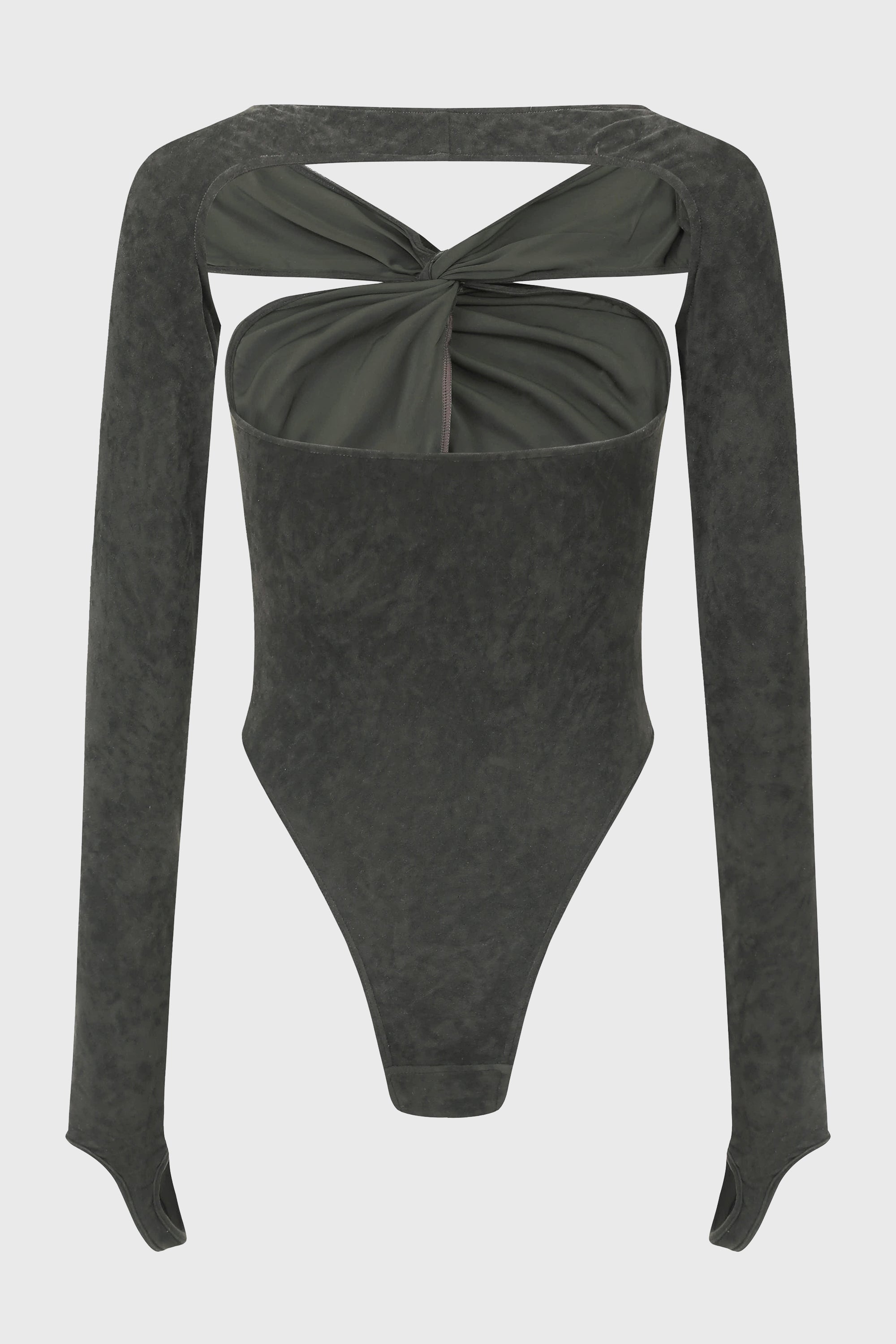 TWIST-KNOTTED STRETCH VELVET BODYSUIT