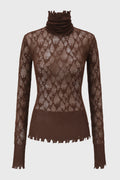 CHECKED LACE KNITTED TOP REDDISH BROWN
