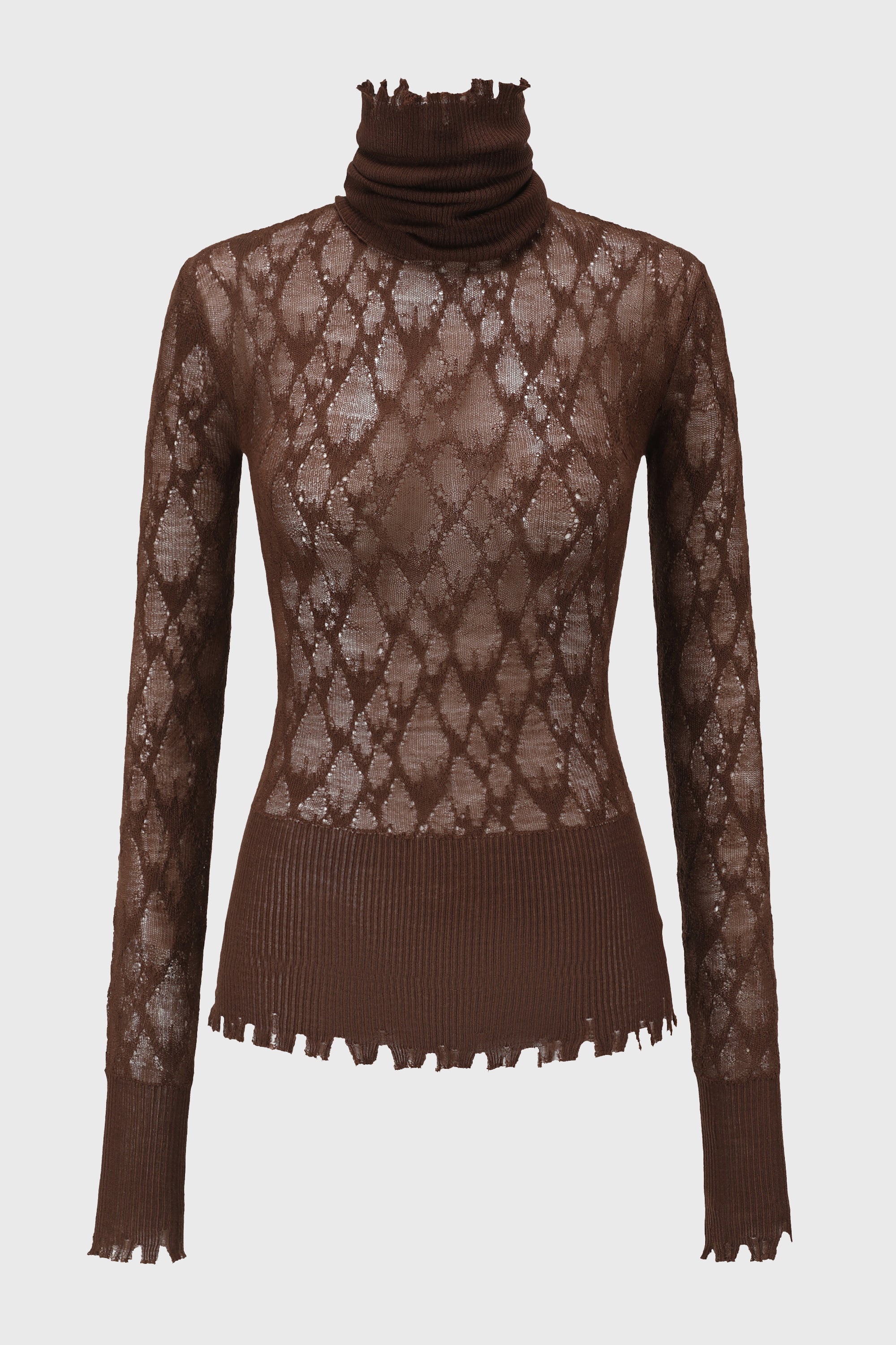 CHECKED LACE KNITTED TOP REDDISH BROWN