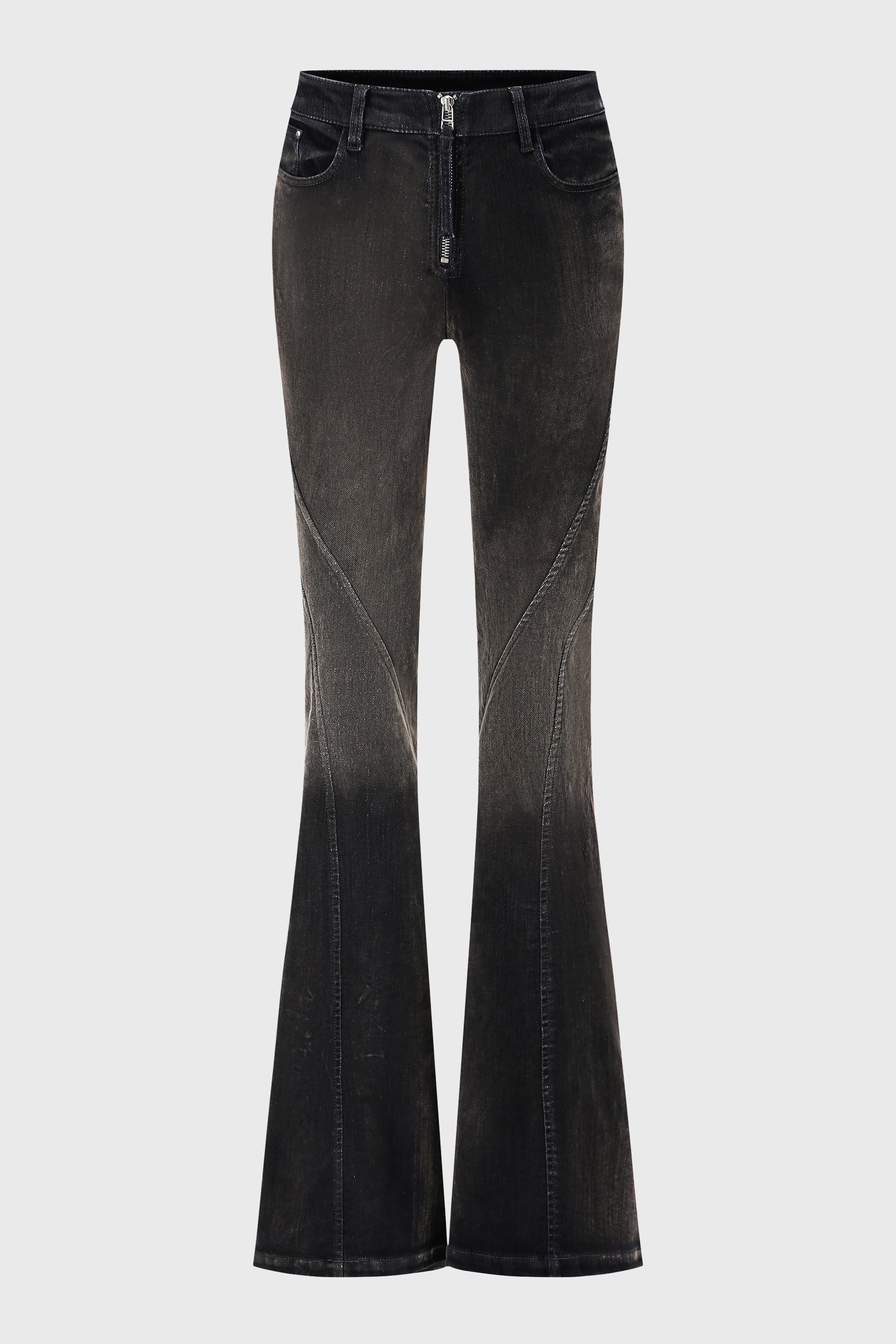 WASHED FLOCKED FLARED JEANS DARK BLUE