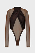 PANELED MESH BODYSUIT COFFEE