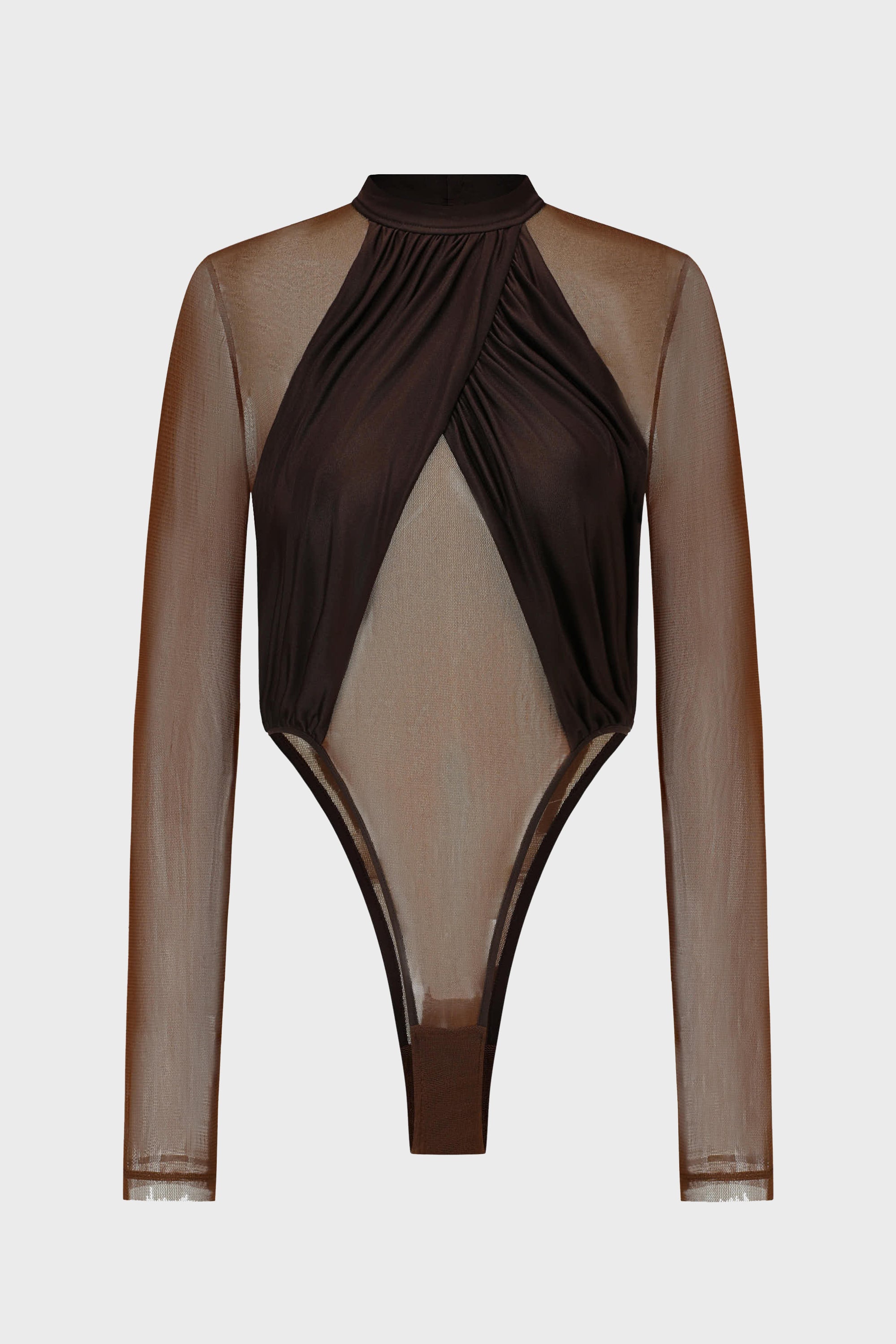 PANELED MESH BODYSUIT COFFEE